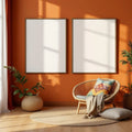 Boho Living Room Premium Interior Mockup — Plain Square Frame Portrait 2:3 — Perspective View — #02599 | MockupBulk
