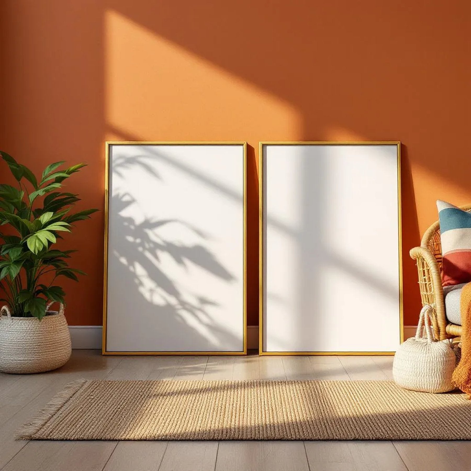 Boho Living Room Interior Frame Mockup — Plain Square Frame Portrait 2:3 — Perspective View — #02602 | MockupBulk