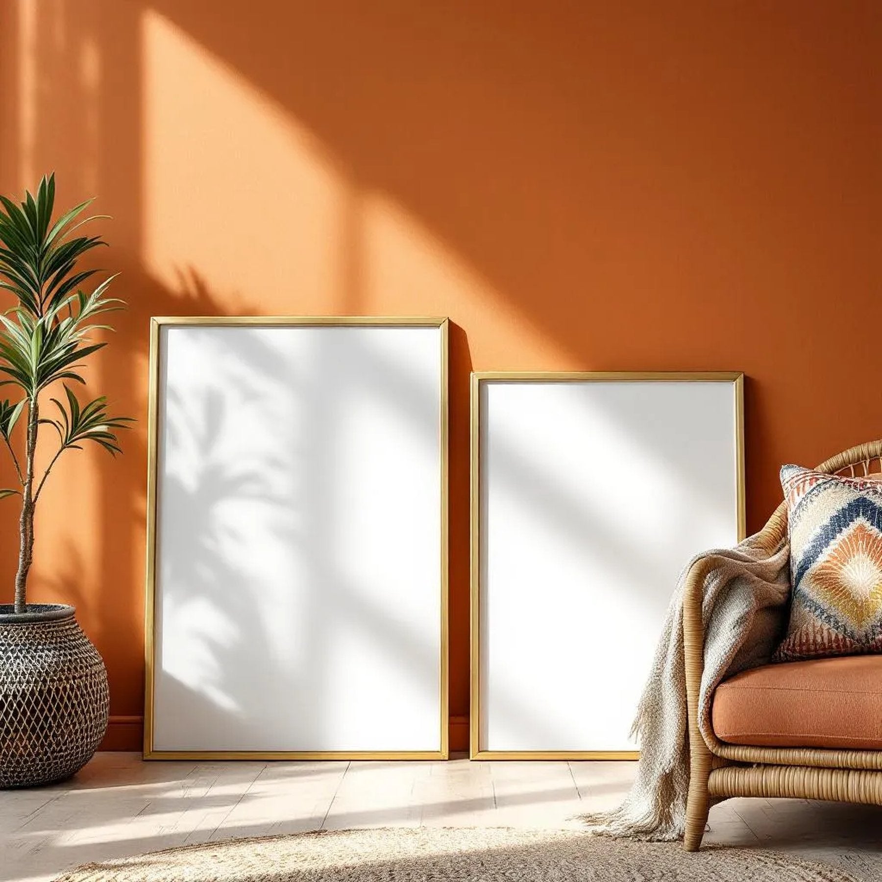 Boho Living Room Editorial Room Mockup — Plain Square Frame Portrait 2:3 — Perspective View — #02605 | MockupBulk