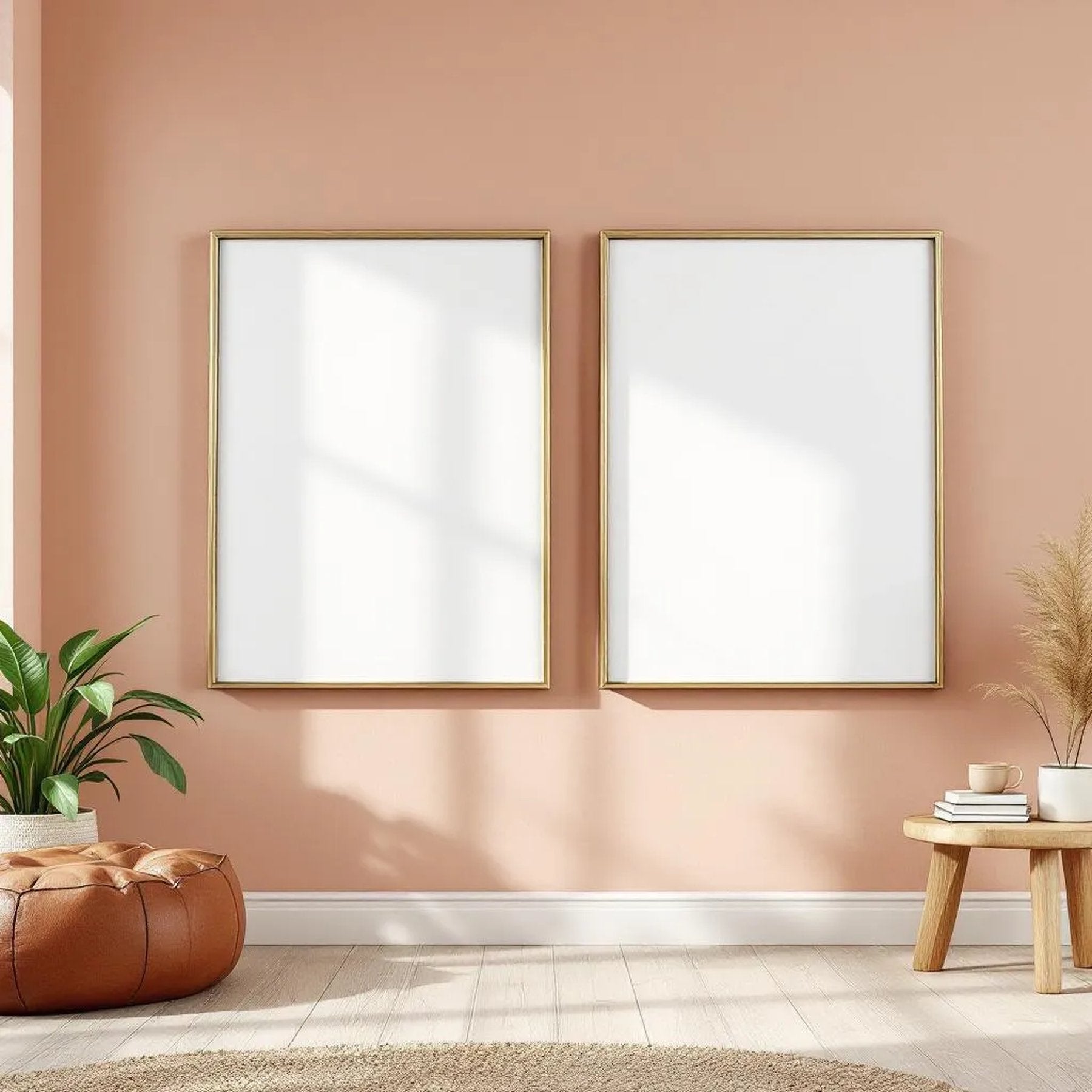 Boho Living Room Lifestyle Frame Mockup — Plain Square Frame Portrait 2:3 — Perspective View — #02607 | MockupBulk