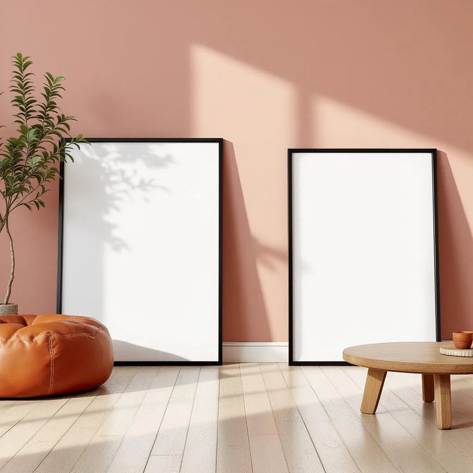 Boho Living Room Styled Room Mockup — Plain Square Frame Portrait 2:3 — Perspective View — #02571 | MockupBulk