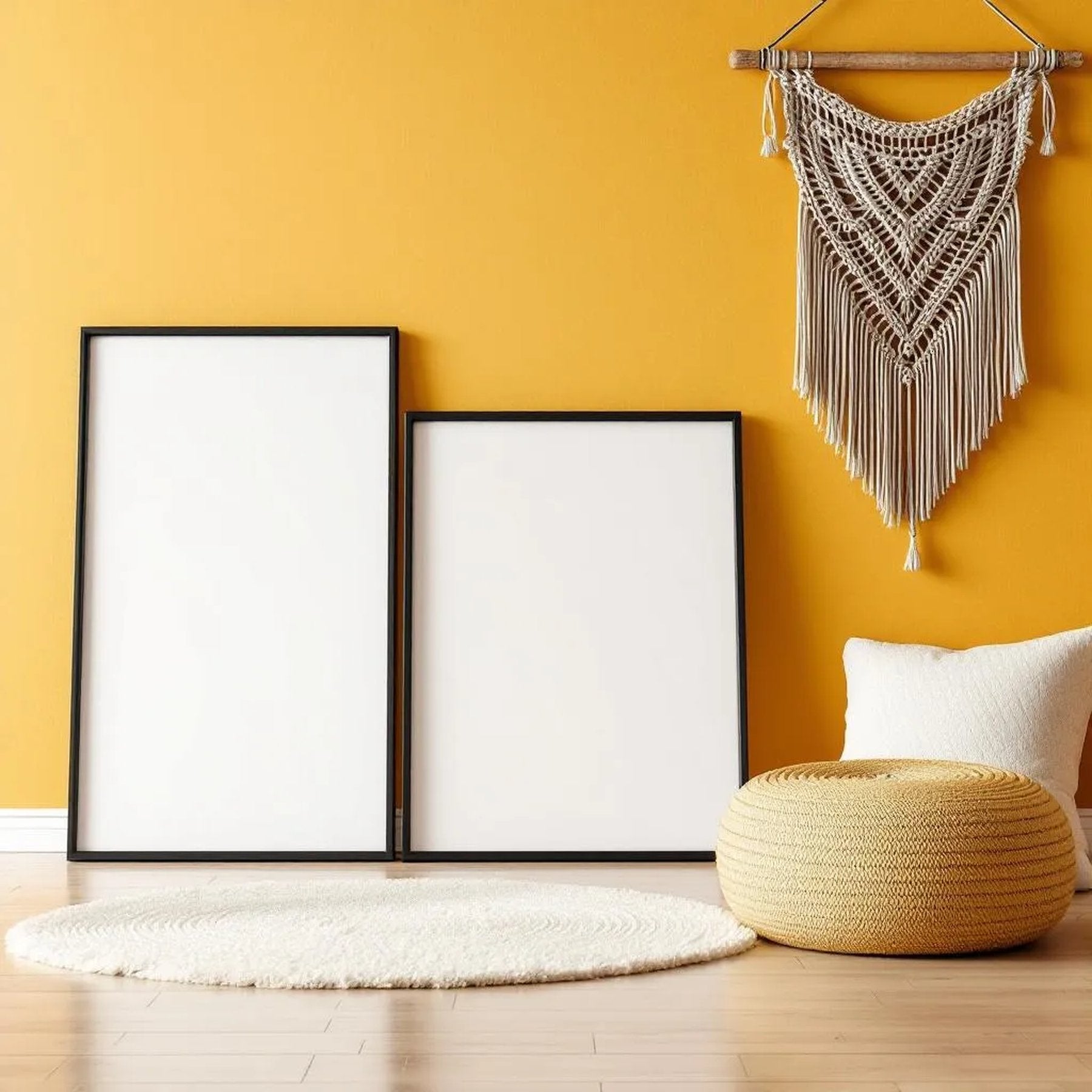 Boho Living Room High-Res Frame Mockup — Plain Square Frame Portrait 2:3 — Perspective View — #02576 | MockupBulk