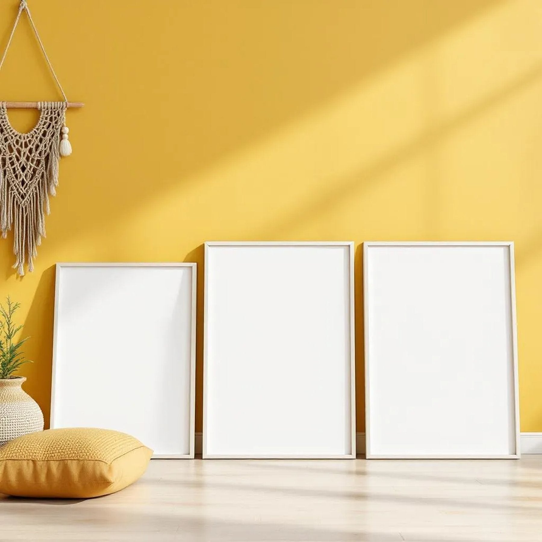 Boho Living Room Wall Art Mockup — Plain Square Frame Portrait 2:3 — Perspective View — #02579 | MockupBulk