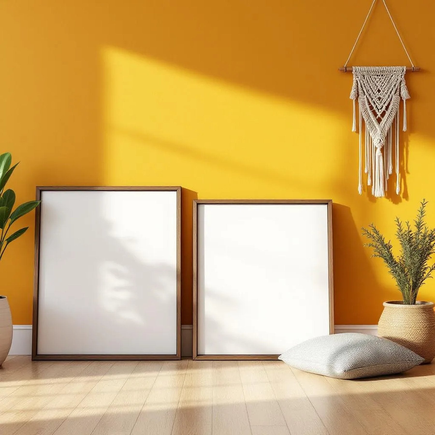 Boho Living Room Editorial Room Mockup — Plain Square Frame Portrait 2:3 — Perspective View — #02600 | MockupBulk