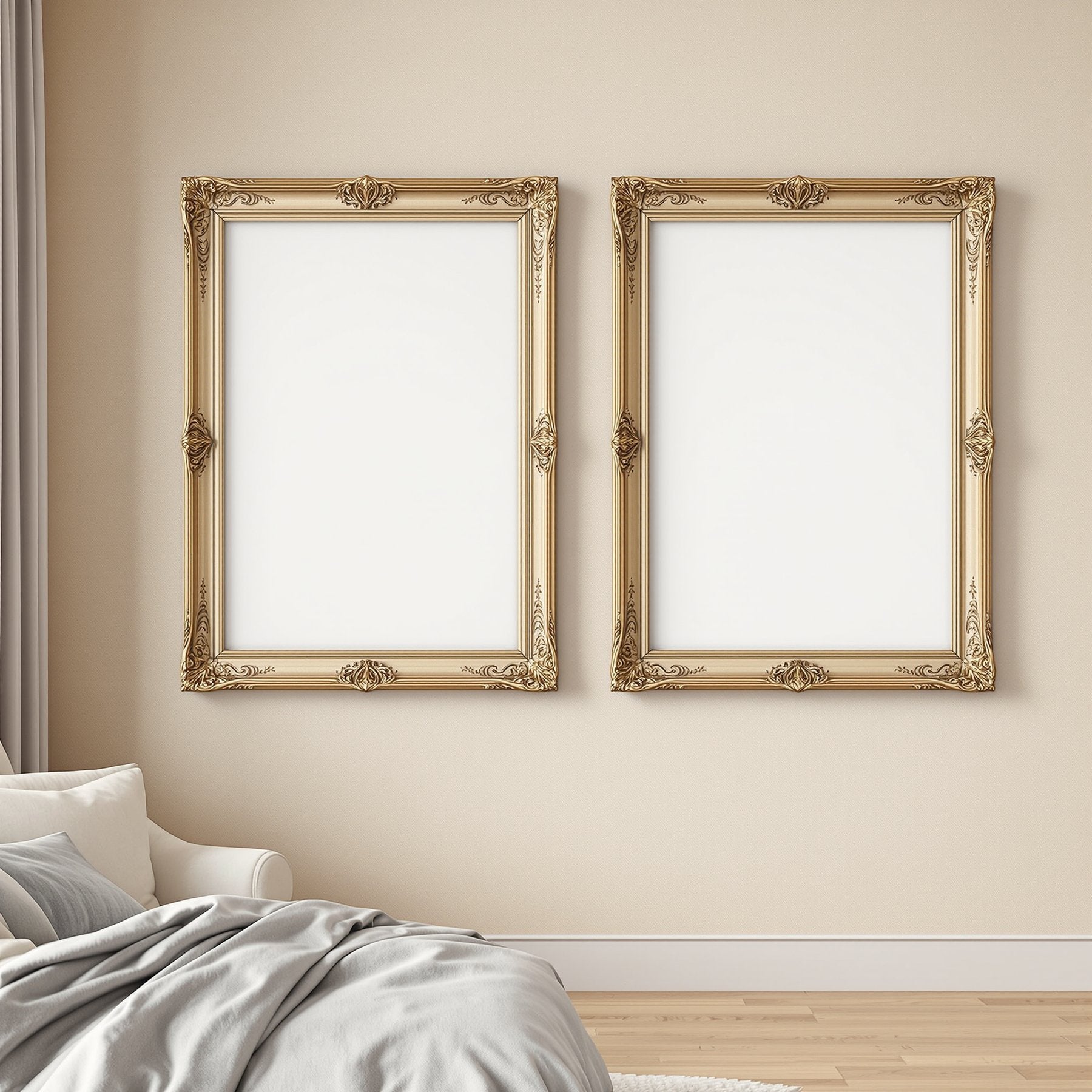 White Bedroom A3 Ornate Gold Frame Mockup | Blank Template #00011 | A3 JPG Instant Download | Commercial Licence | bulkmockup Shop | MockupBulk