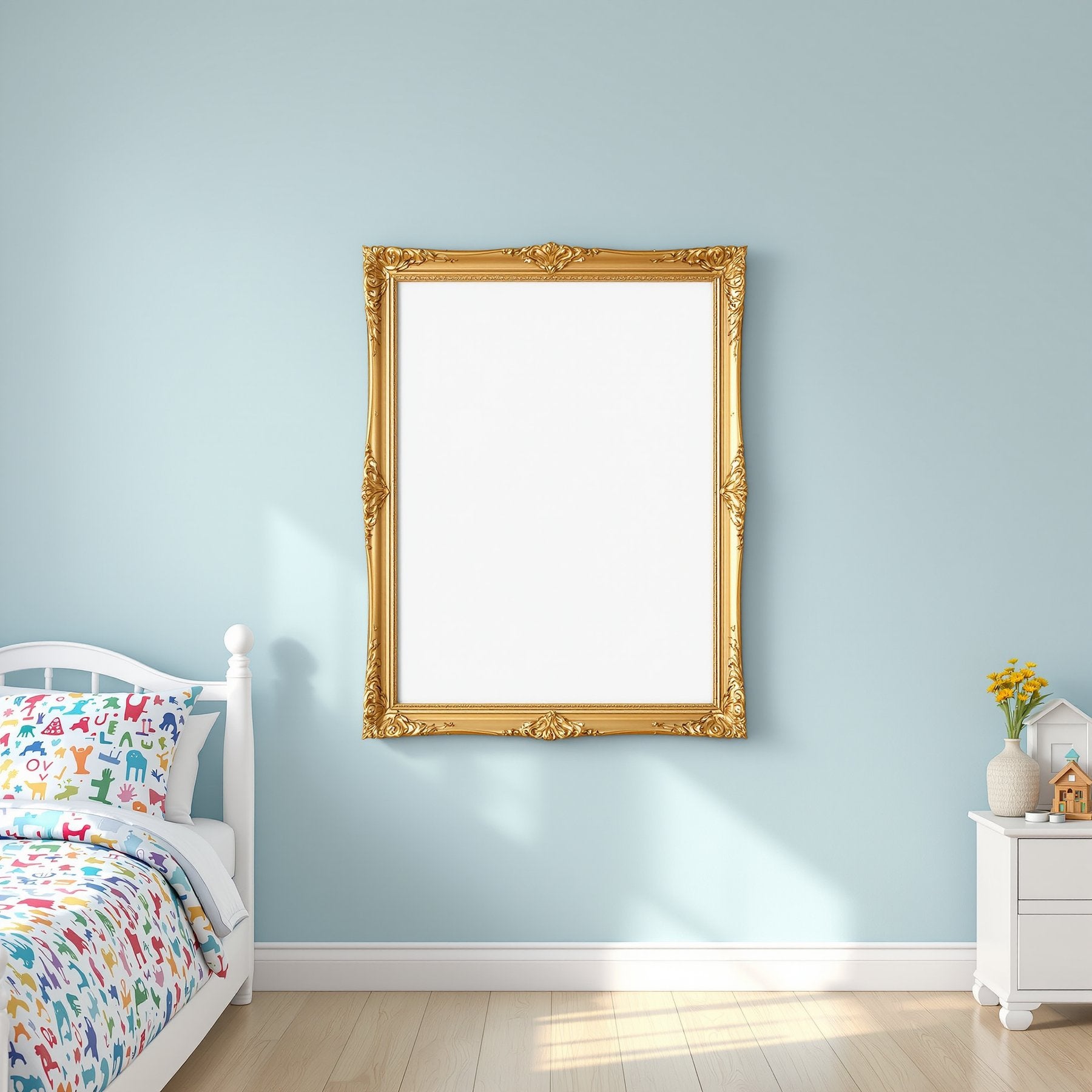 Kids Room A3 Ornate Gold Frame Mockup — Blank Template #00028 — bulkmockup A3 Frame Template | JPG Download | Commercial Use | MockupBulk