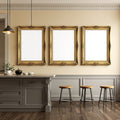 Modern Kitchen A3 Ornate Gold Frame Mockup — Blank Template #00054 — High-Res A3 Mockup | bulkmockup Download | Commercial Use | MockupBulk