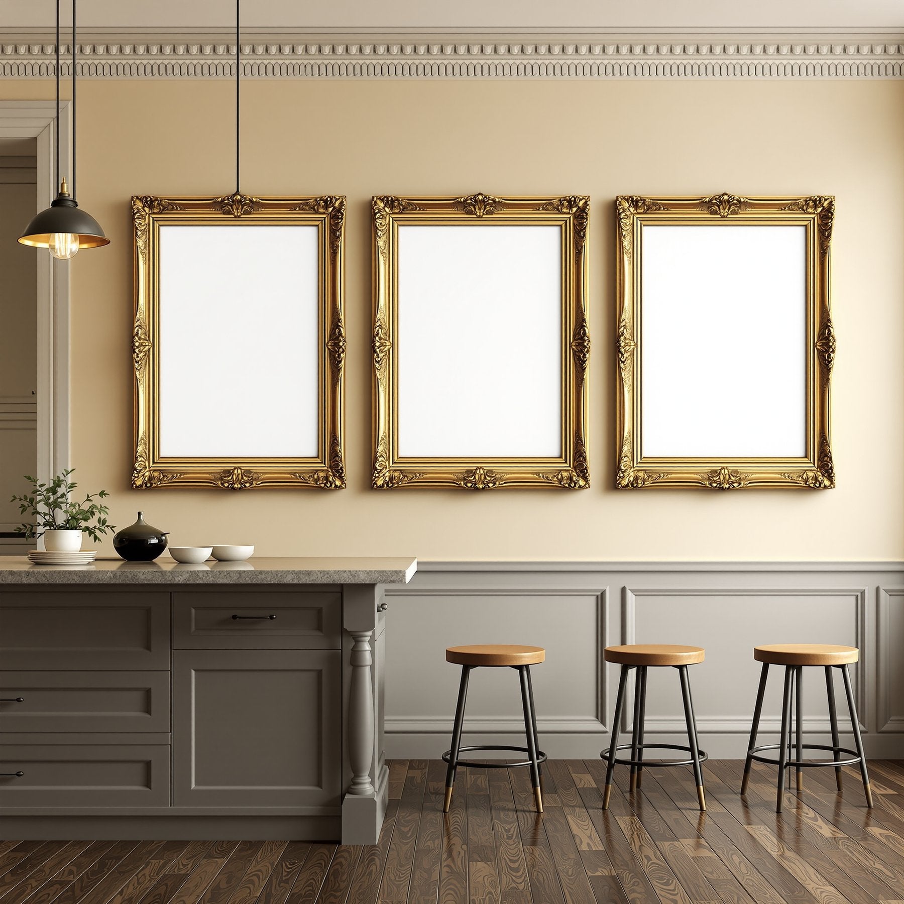 Modern Kitchen A3 Ornate Gold Frame Mockup — Blank Template #00054 — High-Res A3 Mockup | bulkmockup Download | Commercial Use | MockupBulk