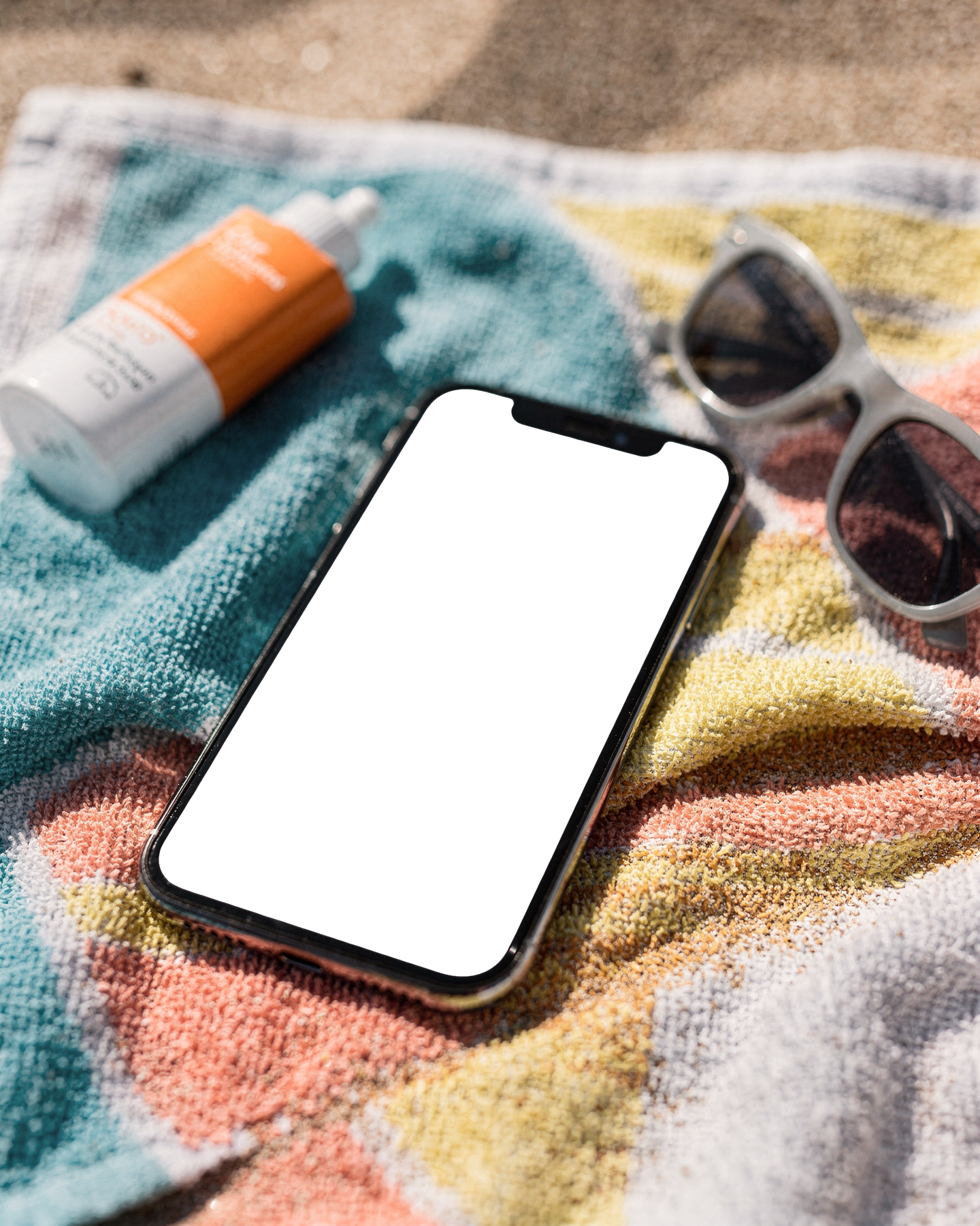 iPhone Mockup | No P Beach Towel Sand | High-Resolution Transparent PNG | bulkmockup | Commercial Use | MockupBulk