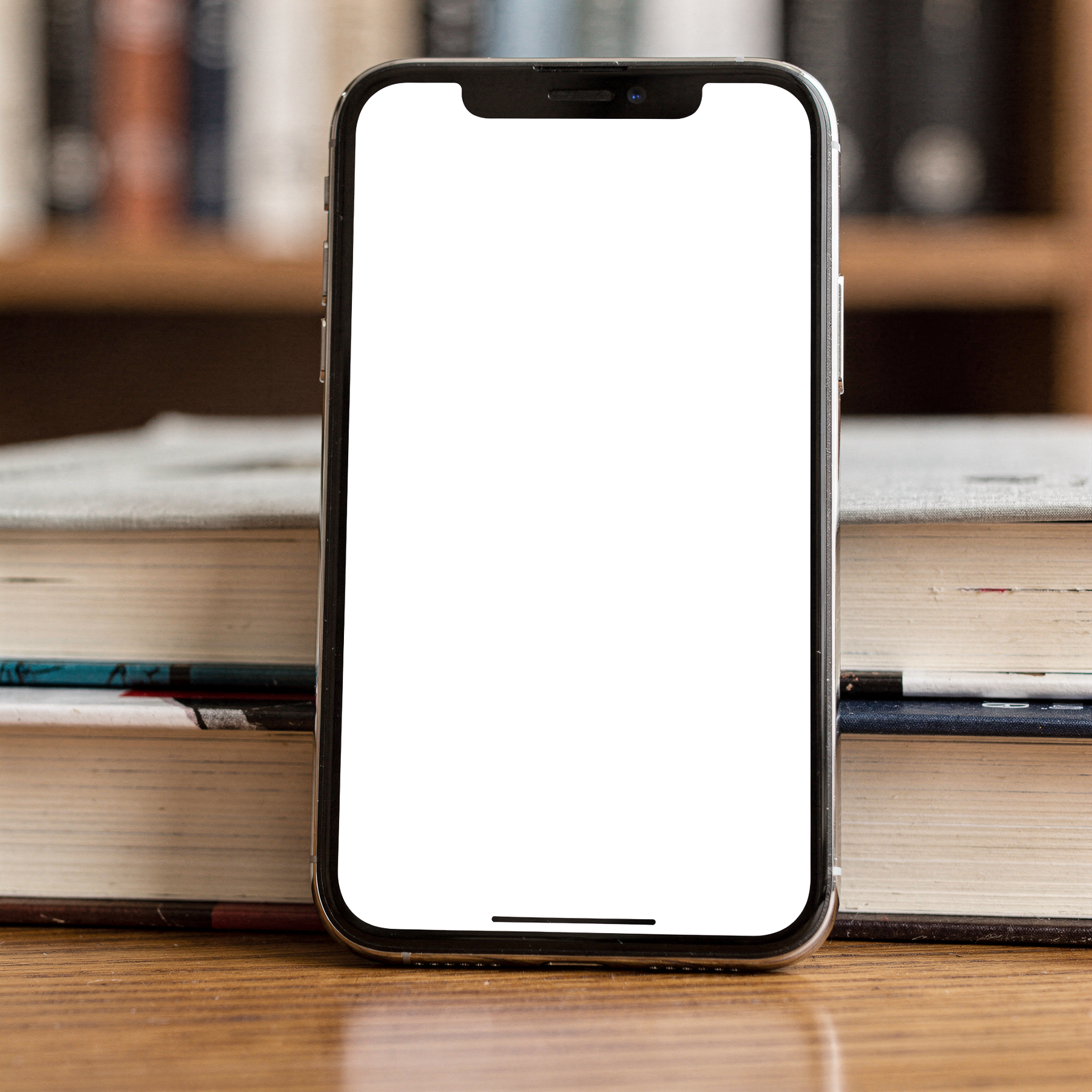 iPhone Mockup — No P Books Stack — High-Resolution Transparent PNG | bulkmockup | Commercial Use | MockupBulk