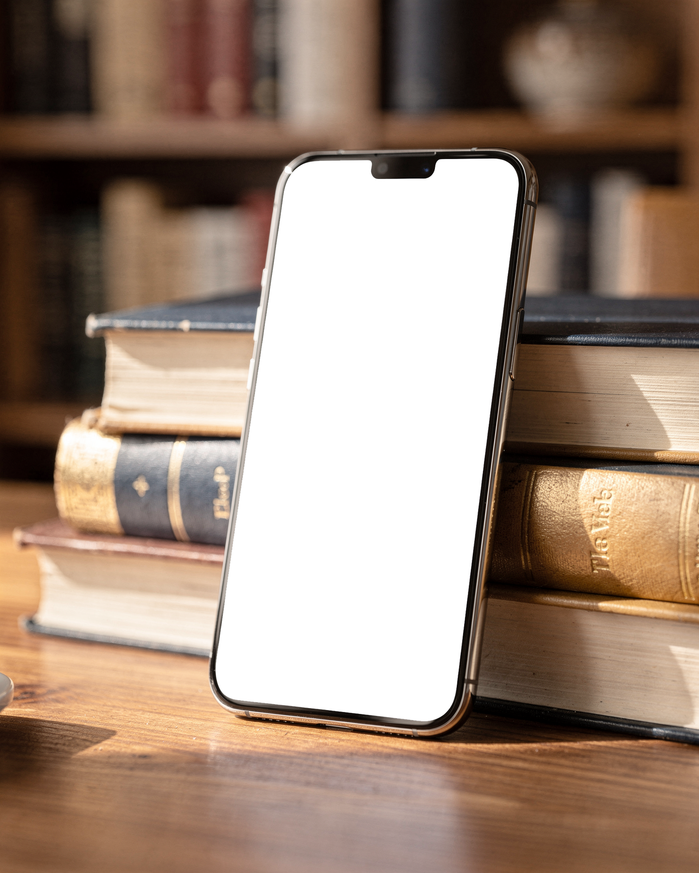 iPhone Mockup — No P Books Stack — Device Screen PNG | bulkmockup Template | For Portfolio & Showcase | MockupBulk