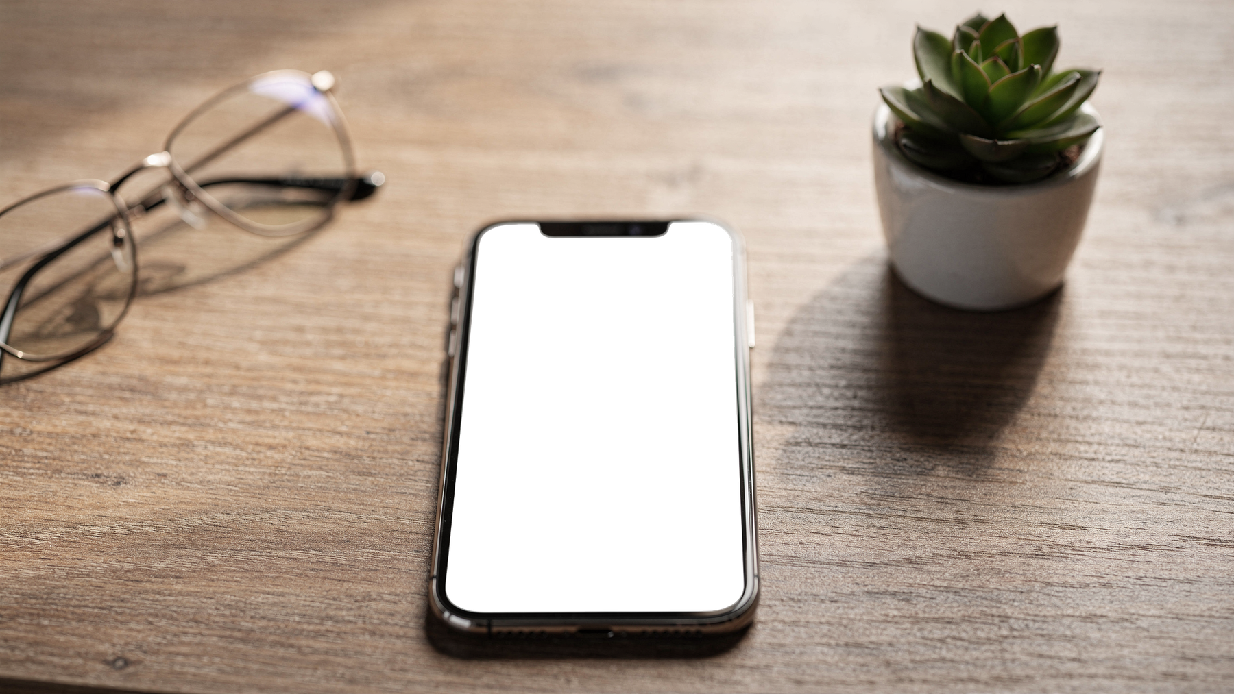 iPhone Mockup — No P Desk Wood Glasses — High-Res PNG Mockup | bulkmockup | Commercial Licence | MockupBulk