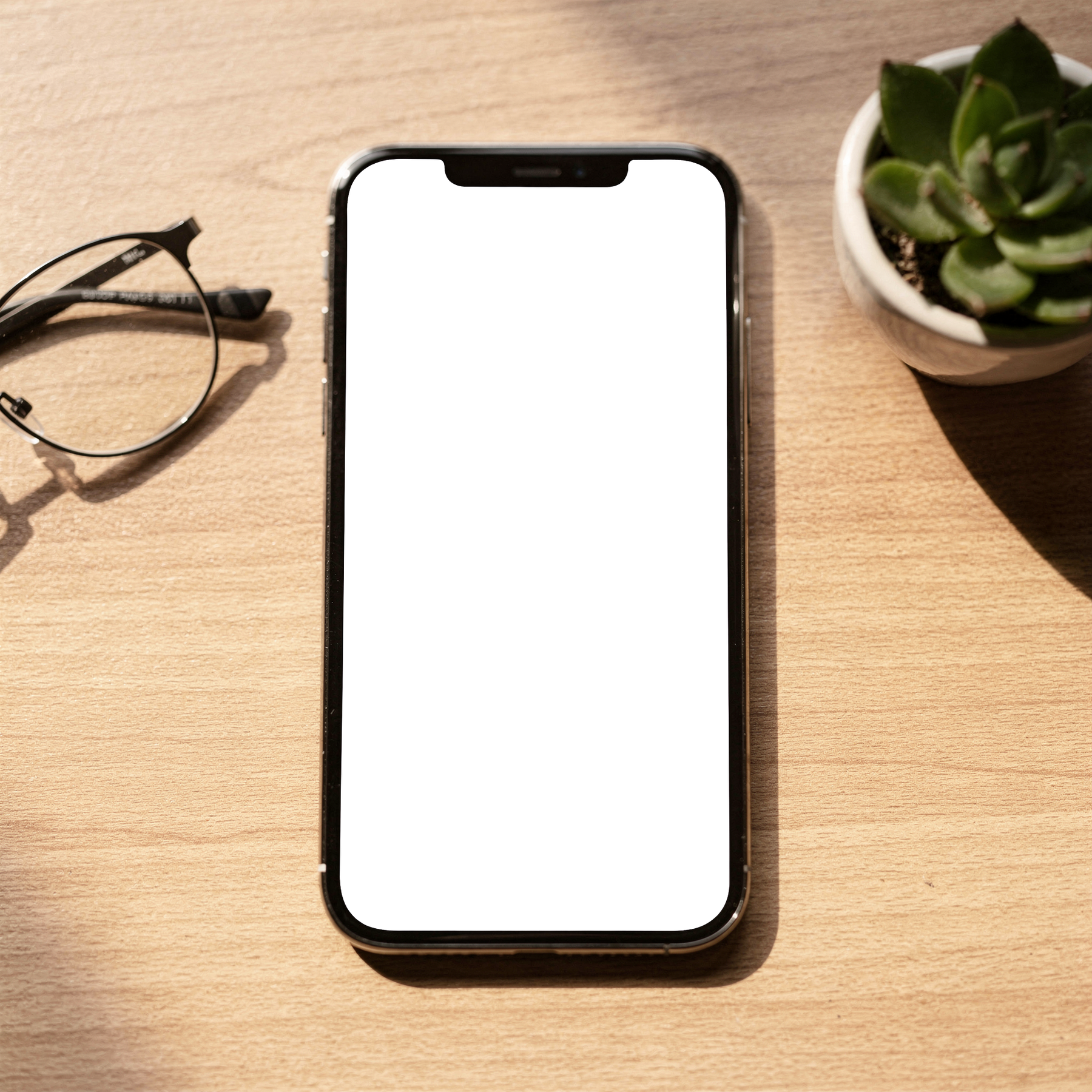 iPhone Mockup | No P Desk Wood Glasses | Screen Mockup PNG | bulkmockup Download | For UI/UX Designers | MockupBulk