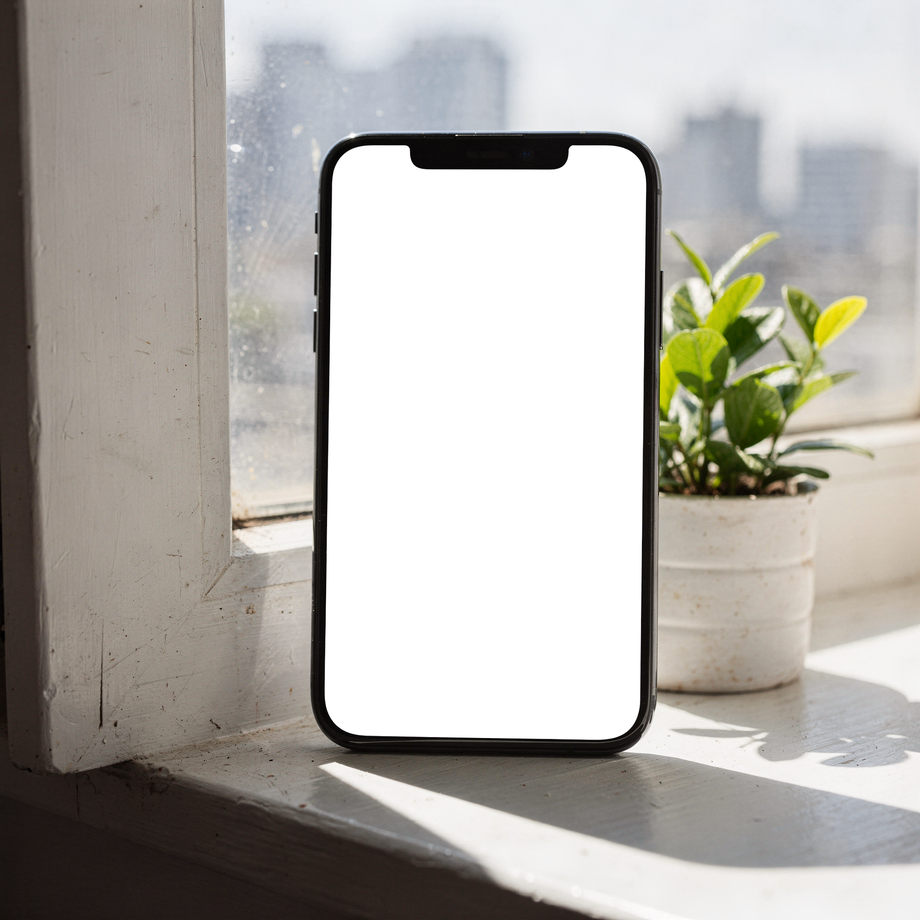 iPhone Mockup — No P Windowsill Plant — Device Screen PNG | bulkmockup Template | For Portfolio & Showcase | MockupBulk