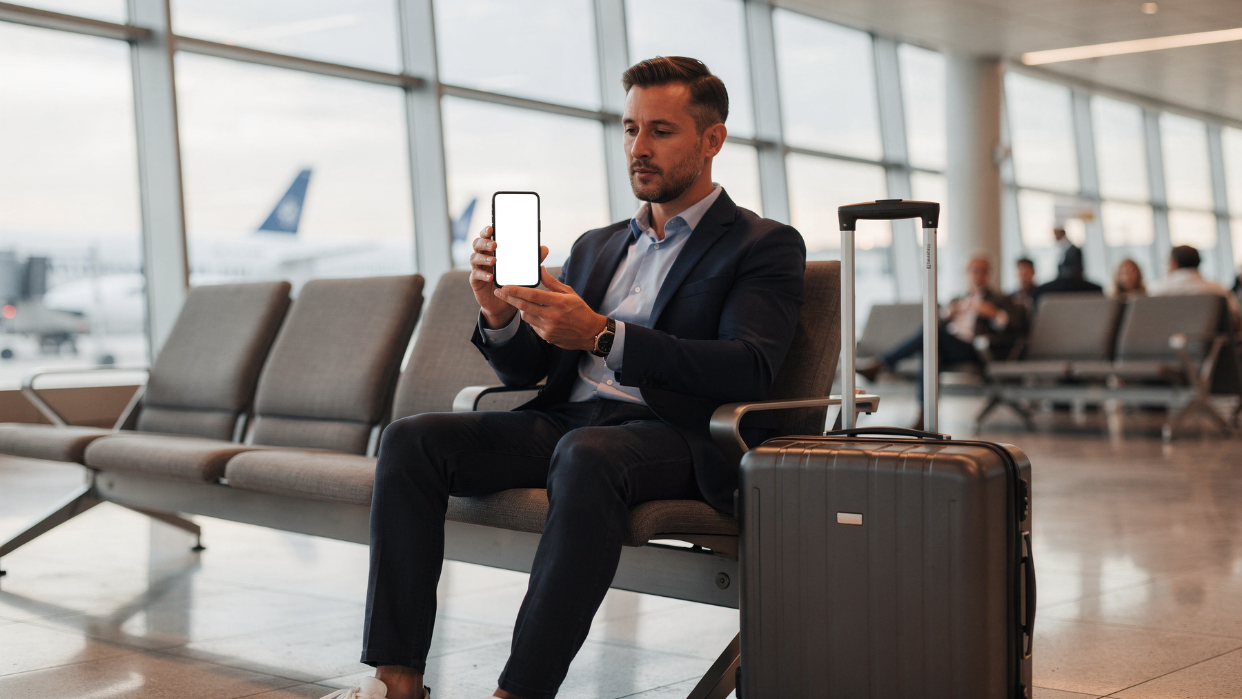 iPhone Mockup | People Airport Man Lounge | PNG Mockup Template | bulkmockup | For App & Web Designers | MockupBulk