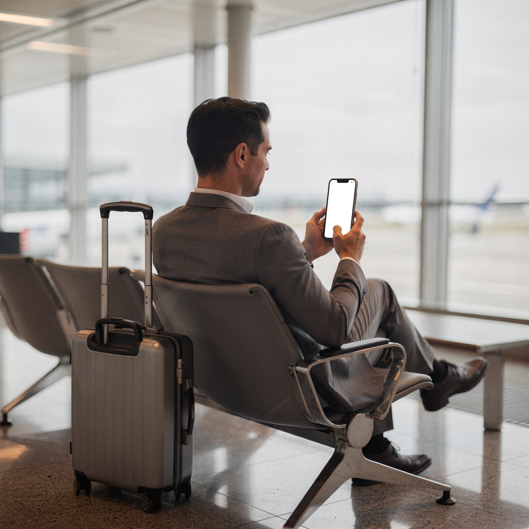 iPhone, People Airport Man Lounge | bulkmockup PNG Template | Transparent Display | Commercial Use | MockupBulk