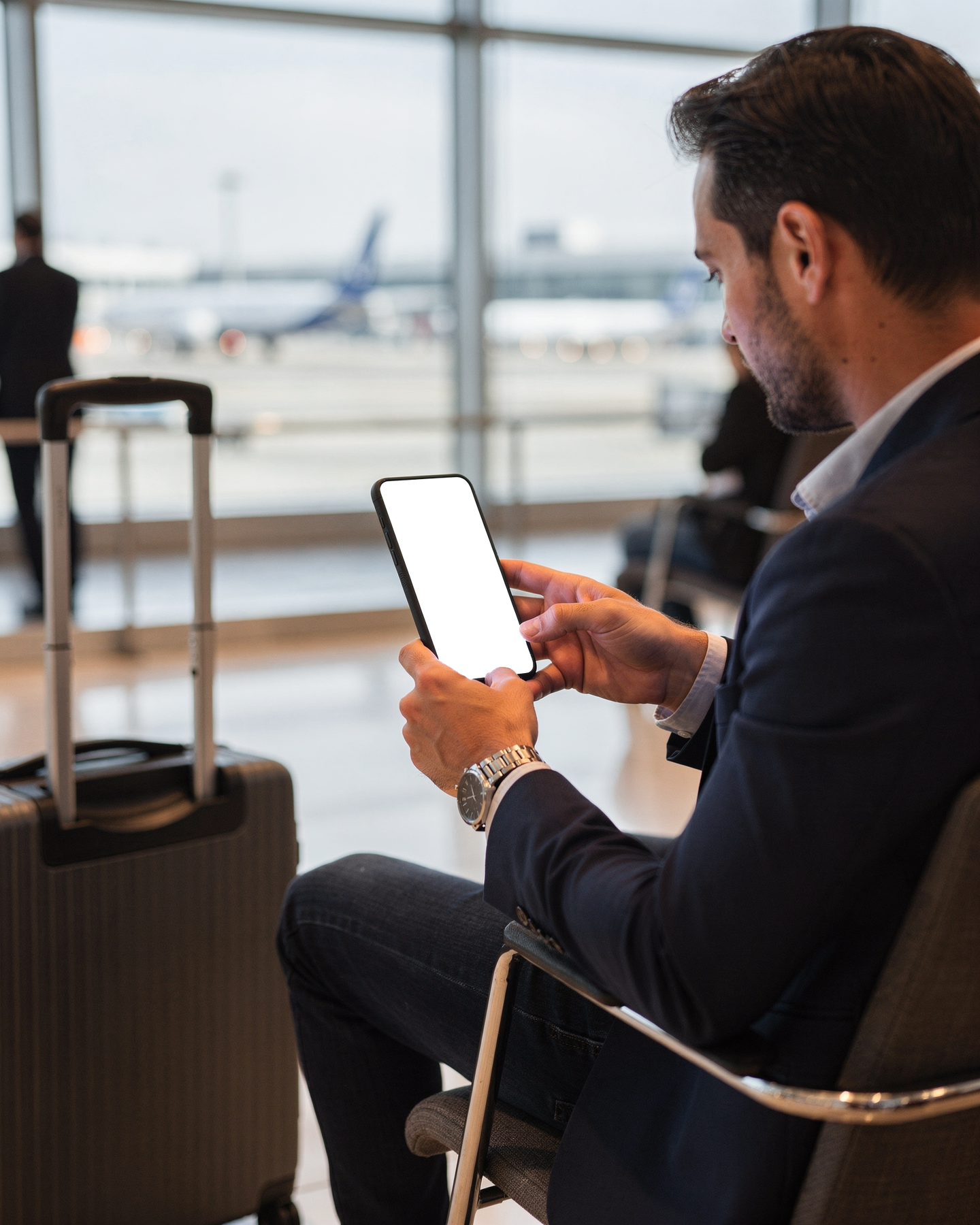 People Airport Man Lounge iPhone Mockup | Device Mockup PNG | bulkmockup | Commercial Licence Included | MockupBulk