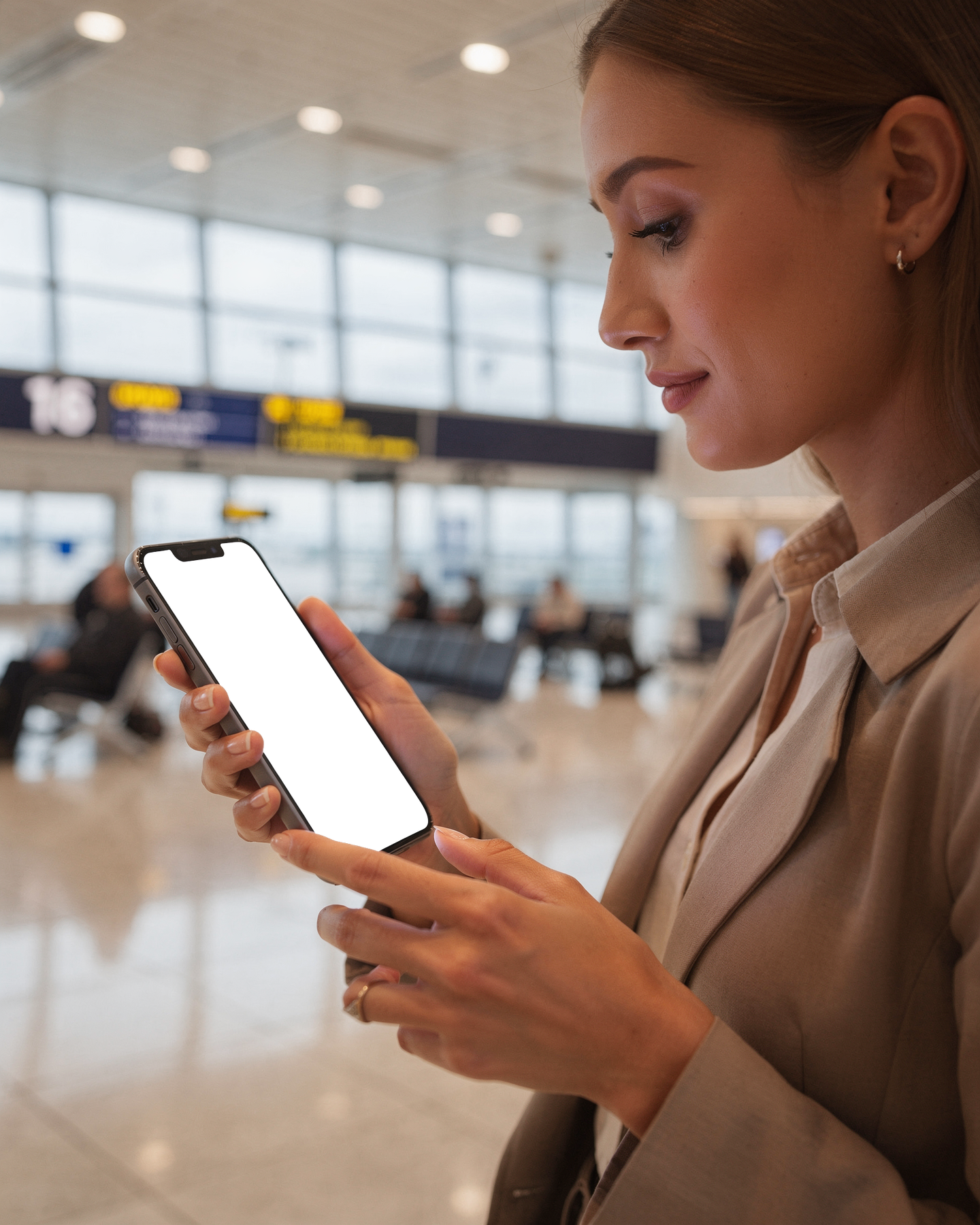 iPhone Mockup — People Airport Woman Gate — High-Res PNG Mockup | bulkmockup | Commercial Licence | MockupBulk