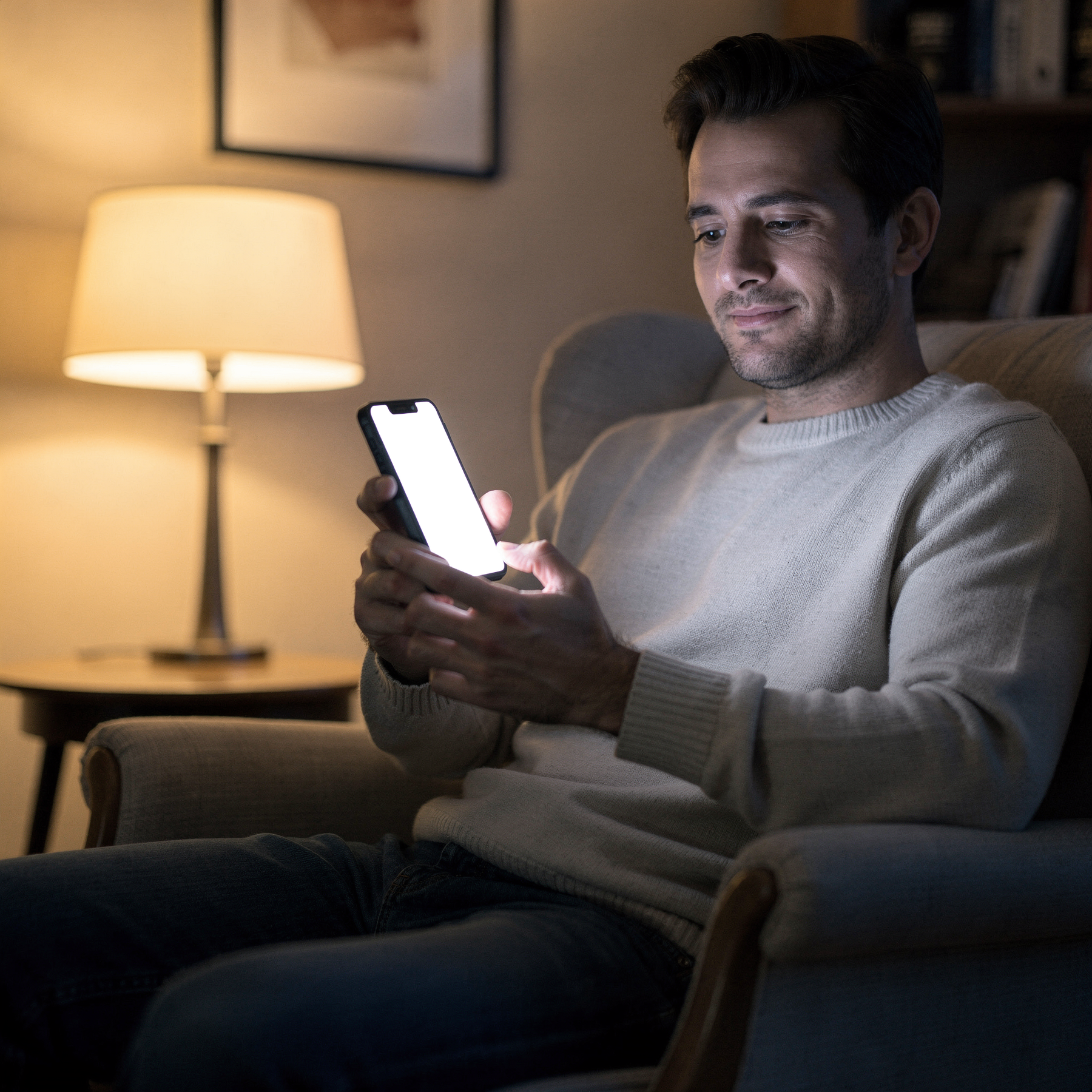 People Armchair Man Evening iPhone Mockup | High-Res PNG with Transparent Screen | Commercial Use | bulkmockup | MockupBulk