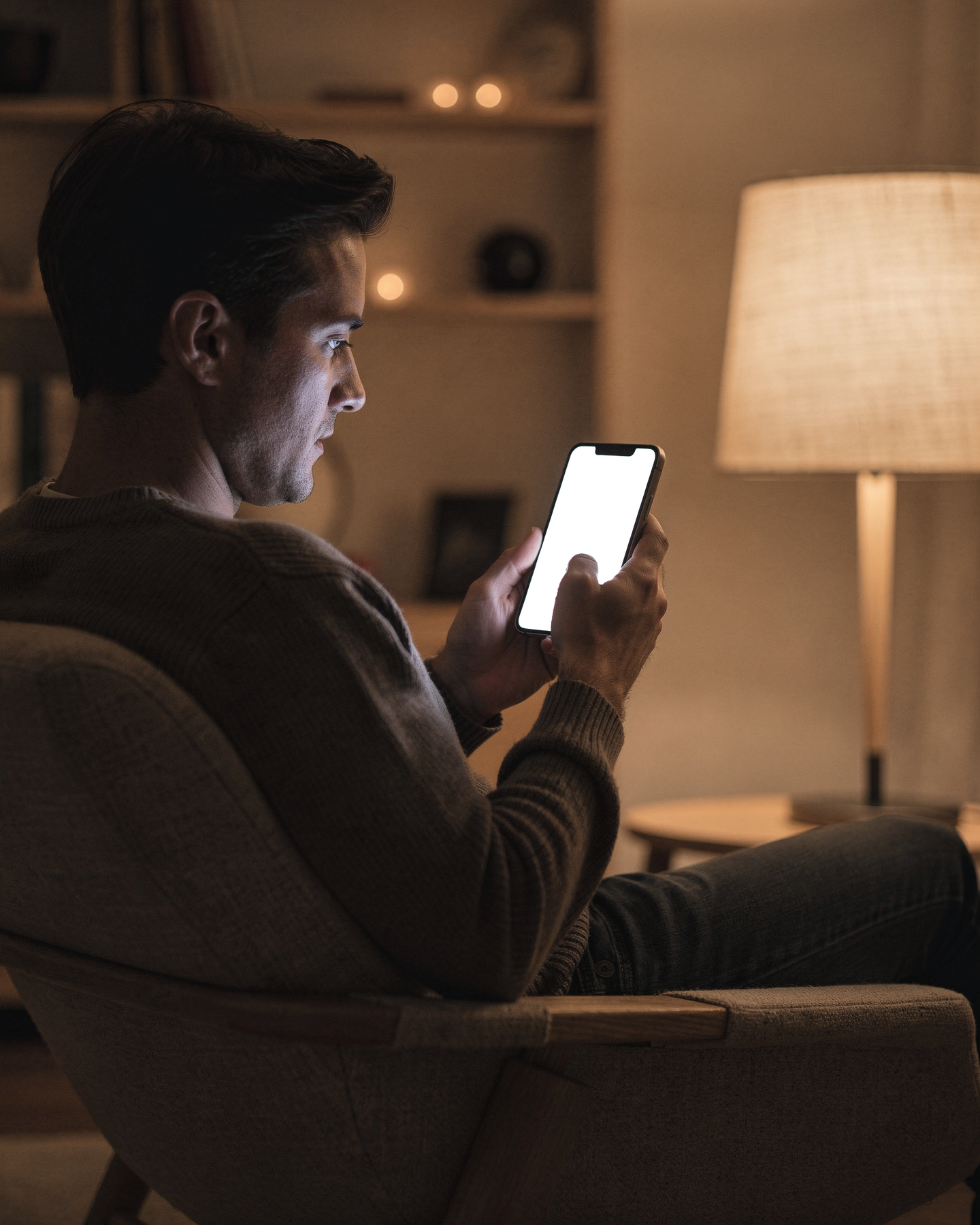 People Armchair Man Evening iPhone Mockup | High-Resolution Transparent PNG | bulkmockup | Commercial Use | MockupBulk