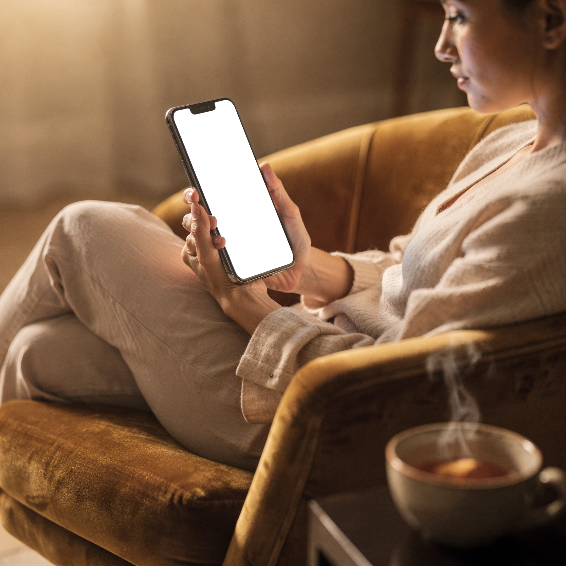 iPhone Mockup | People Armchair Woman Tea | Instant PNG Download | Transparent Screen | Commercial Use | MockupBulk
