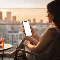 iPhone, People Balcony Woman City | Device Mockup PNG | bulkmockup | Commercial Licence Included | MockupBulk