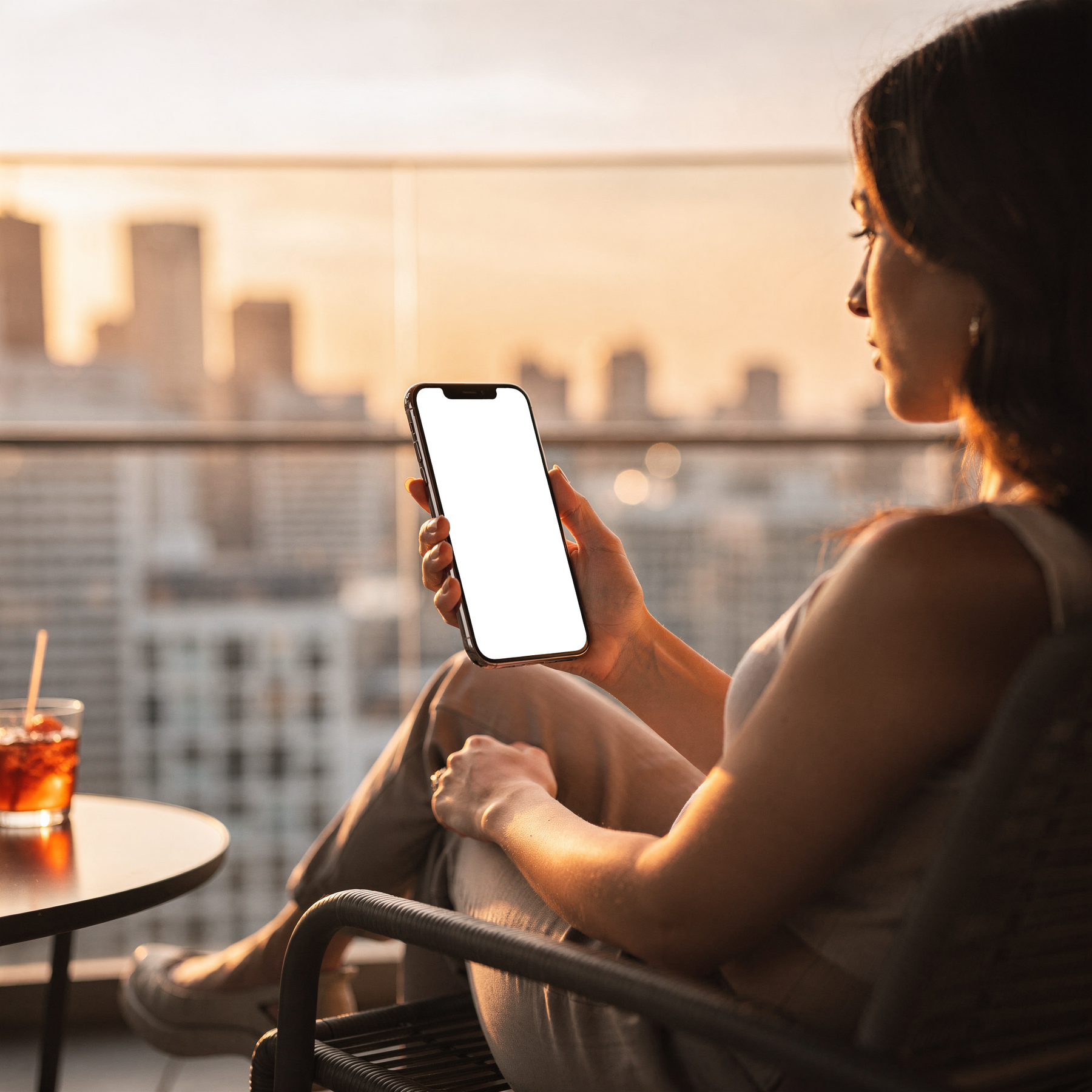 iPhone, People Balcony Woman City | Device Mockup PNG | bulkmockup | Commercial Licence Included | MockupBulk