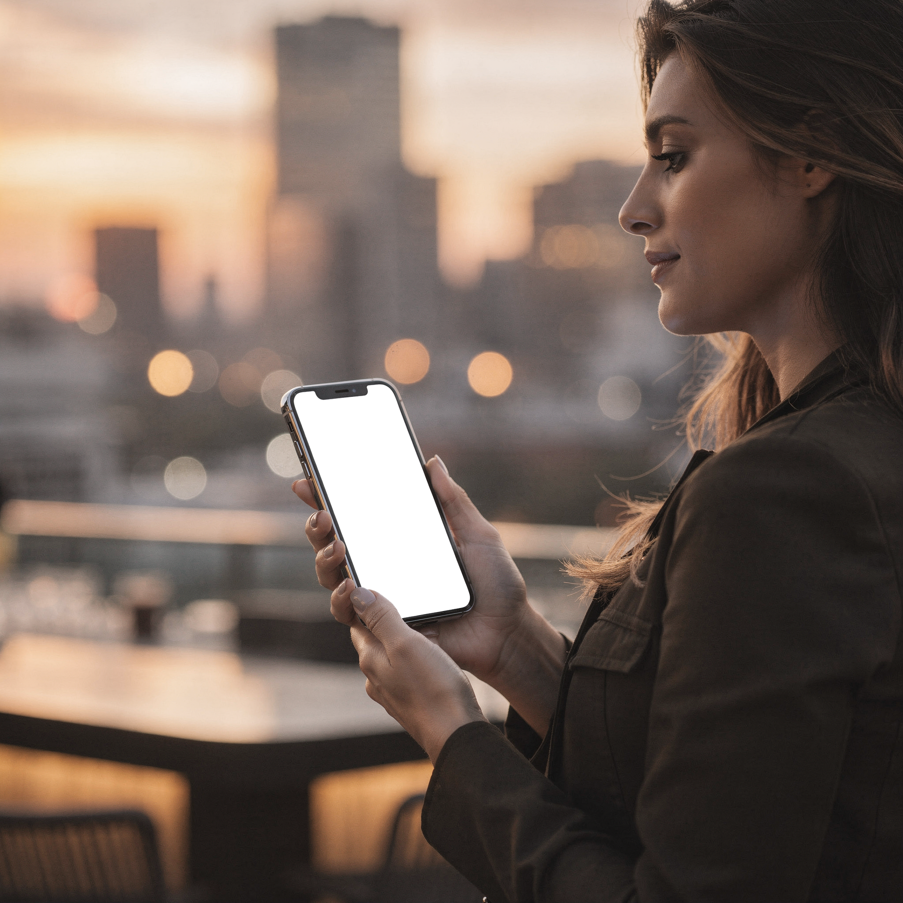 People Bar Woman Rooftop iPhone Mockup | Transparent Screen PNG Download | Commercial Licence | bulkmockup