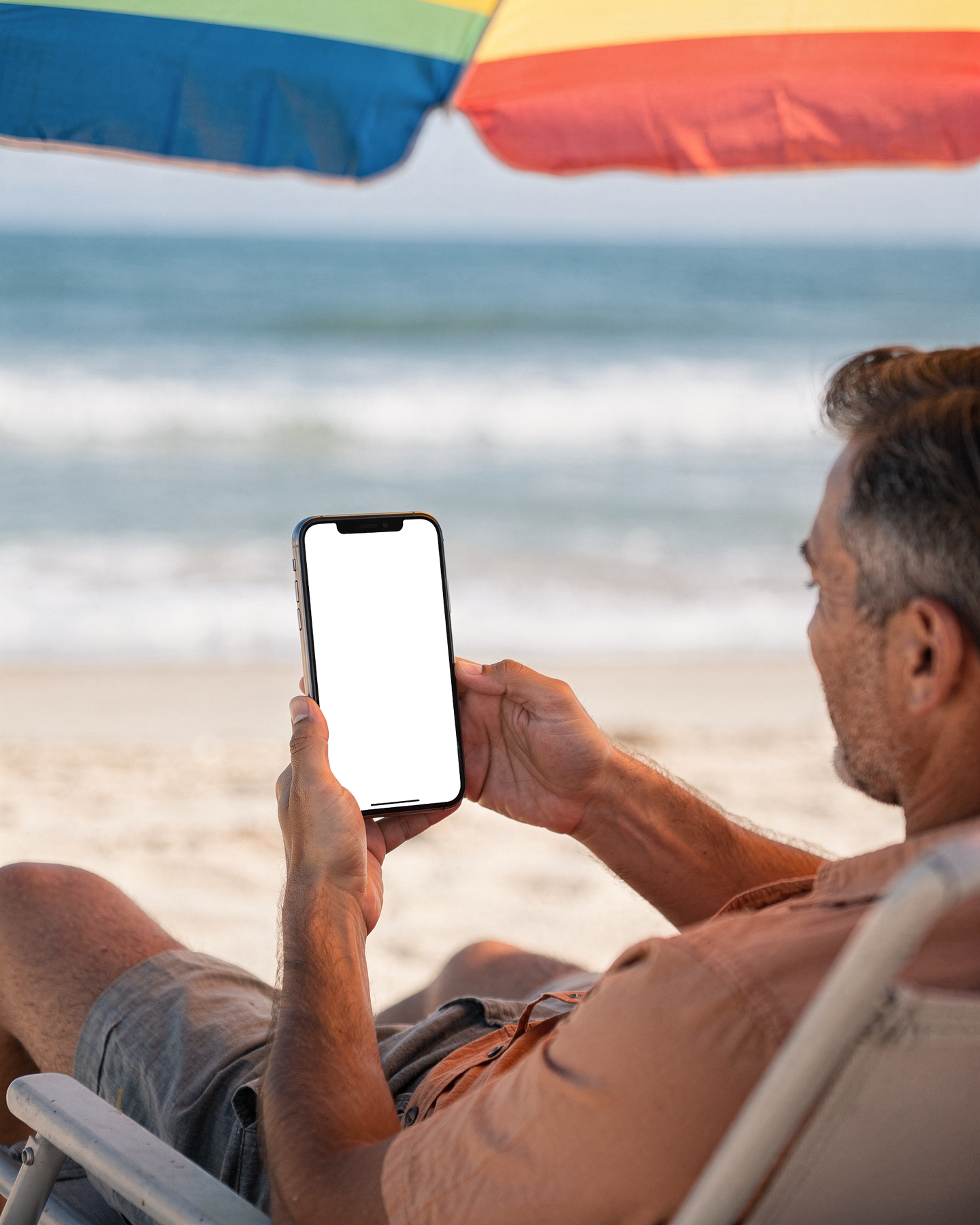 People Beach Man Chair iPhone Mockup | Device Screen PNG | bulkmockup Template | For Portfolio & Showcase | MockupBulk