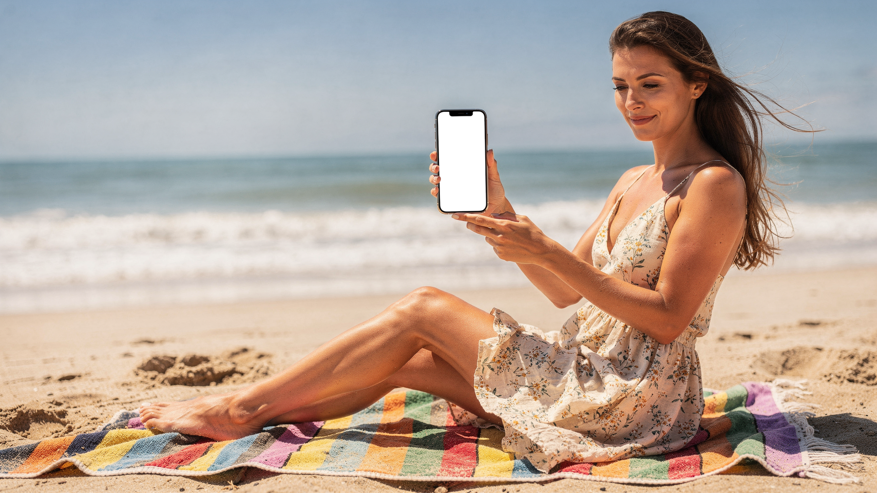 iPhone, People Beach Woman Towel | PNG Mockup Template | bulkmockup | For App & Web Designers | MockupBulk
