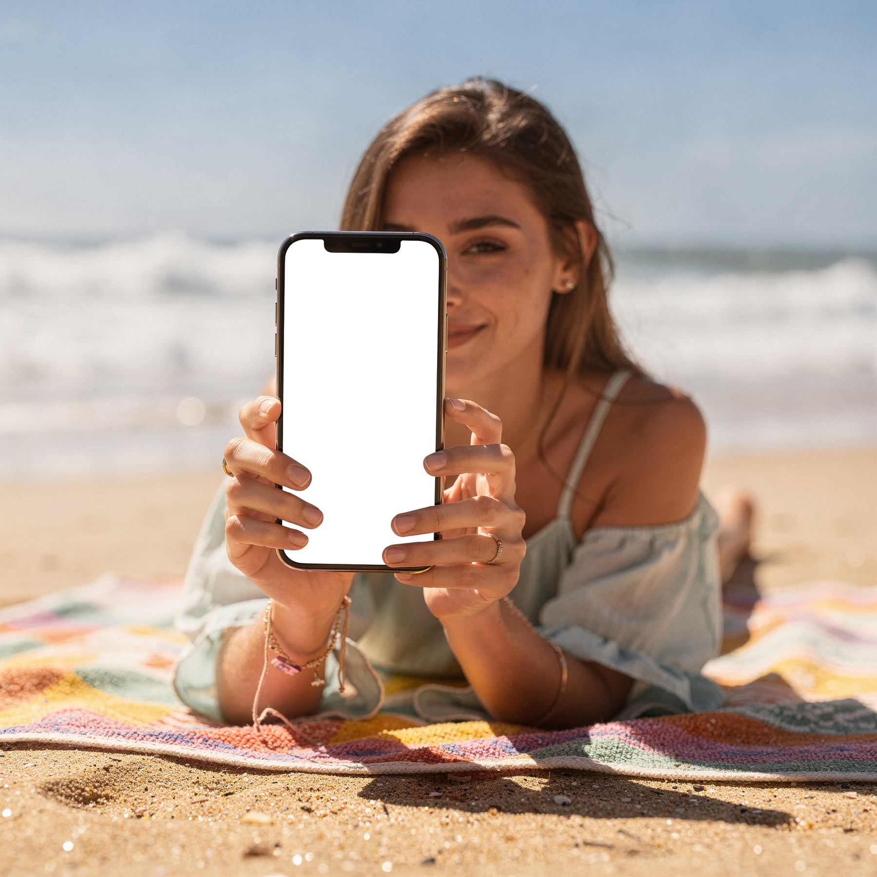 iPhone Mockup — People Beach Woman Towel — PNG Mockup Template | bulkmockup | For App & Web Designers | MockupBulk