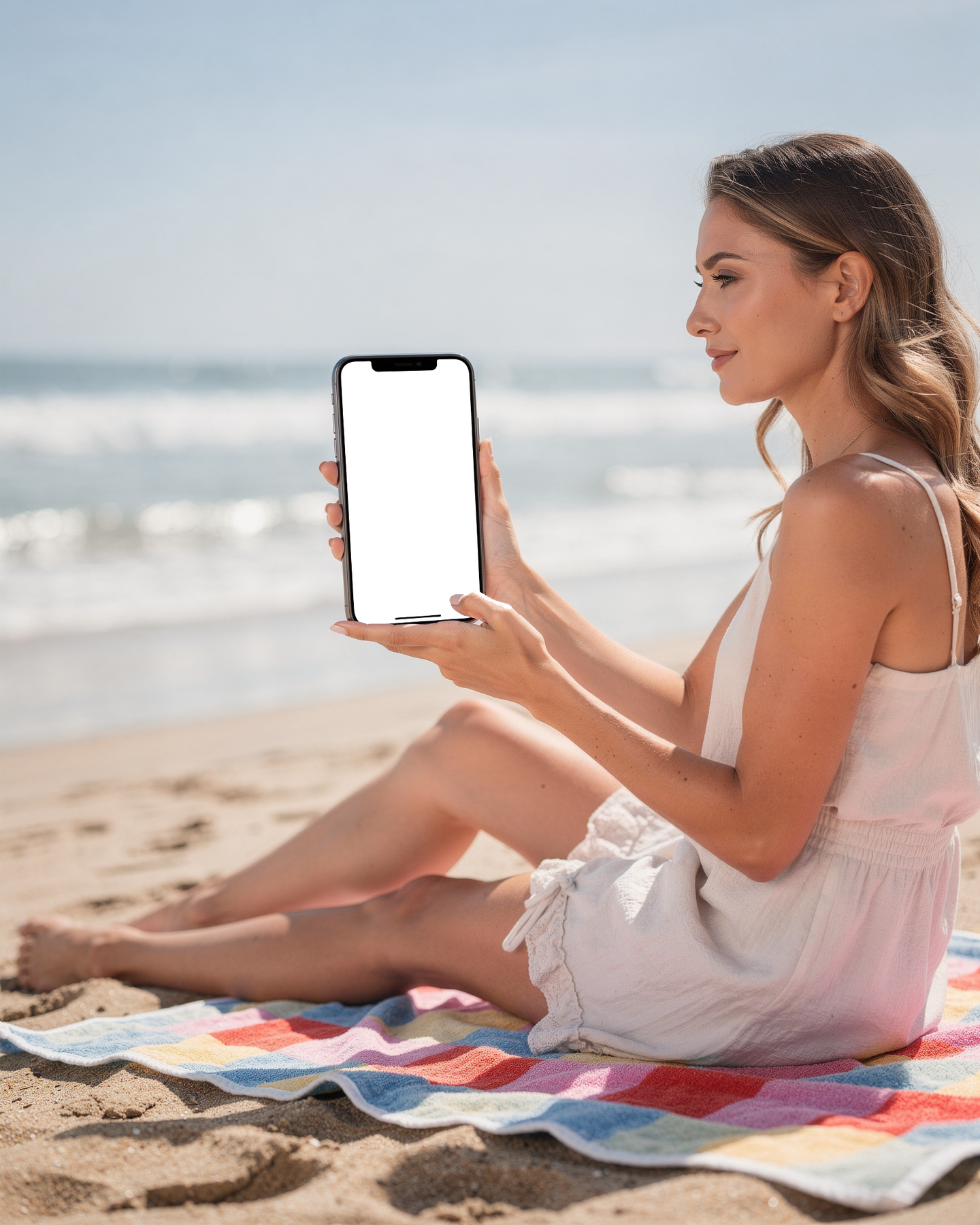 iPhone Mockup | People Beach Woman Towel | Screen Mockup PNG | bulkmockup Download | For UI/UX Designers | MockupBulk