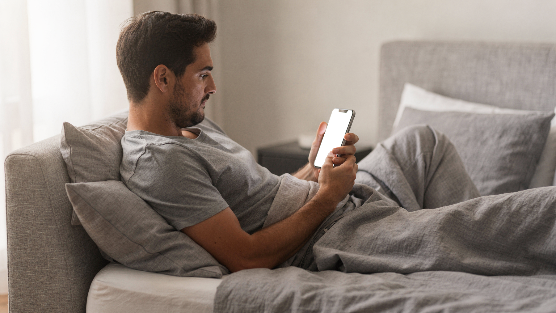 iPhone, People Bed Man Sit Up | bulkmockup PNG Template | Transparent Display | Commercial Use | MockupBulk