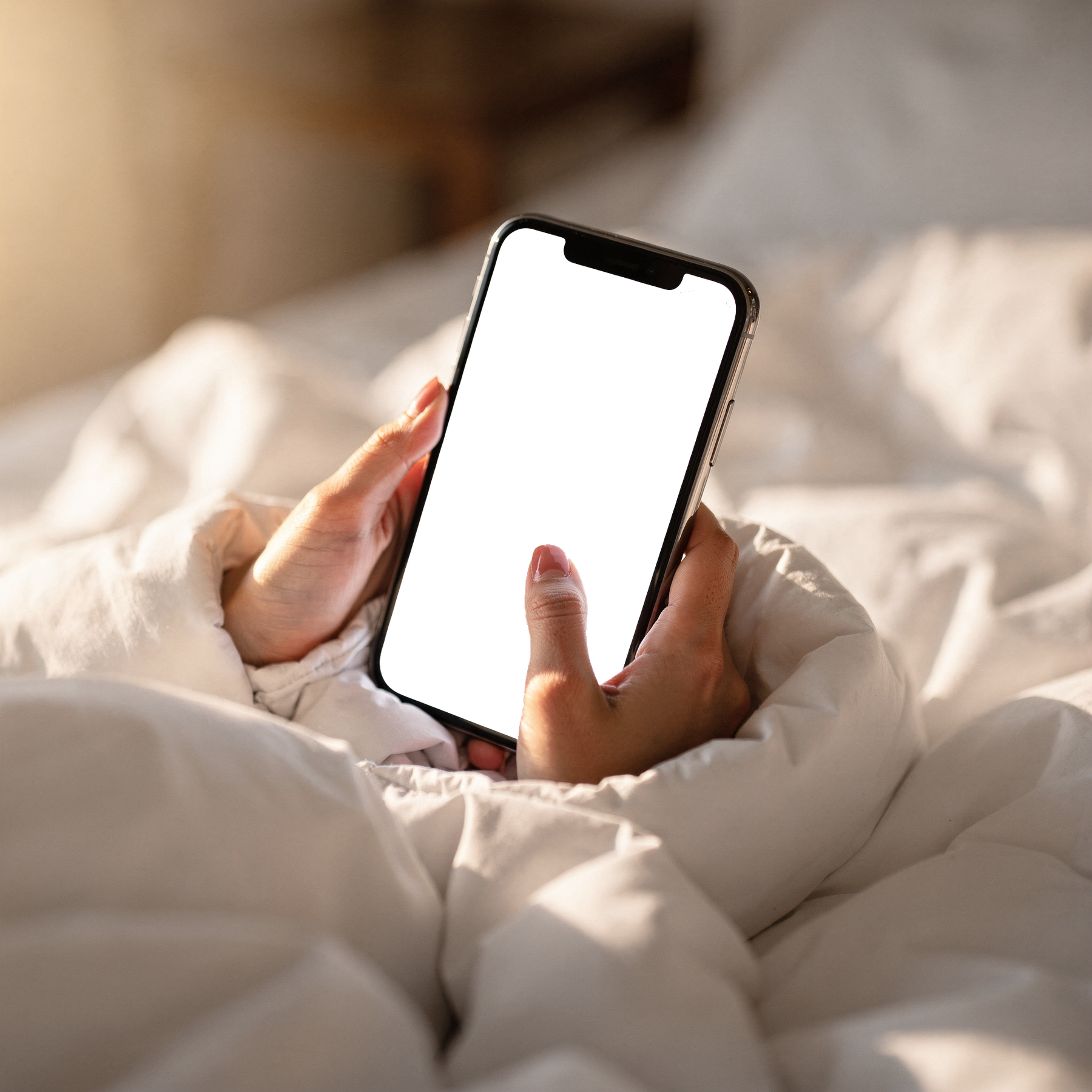 iPhone, People Bed Woman Cosy | Instant PNG Download | Transparent Screen | Commercial Use | MockupBulk