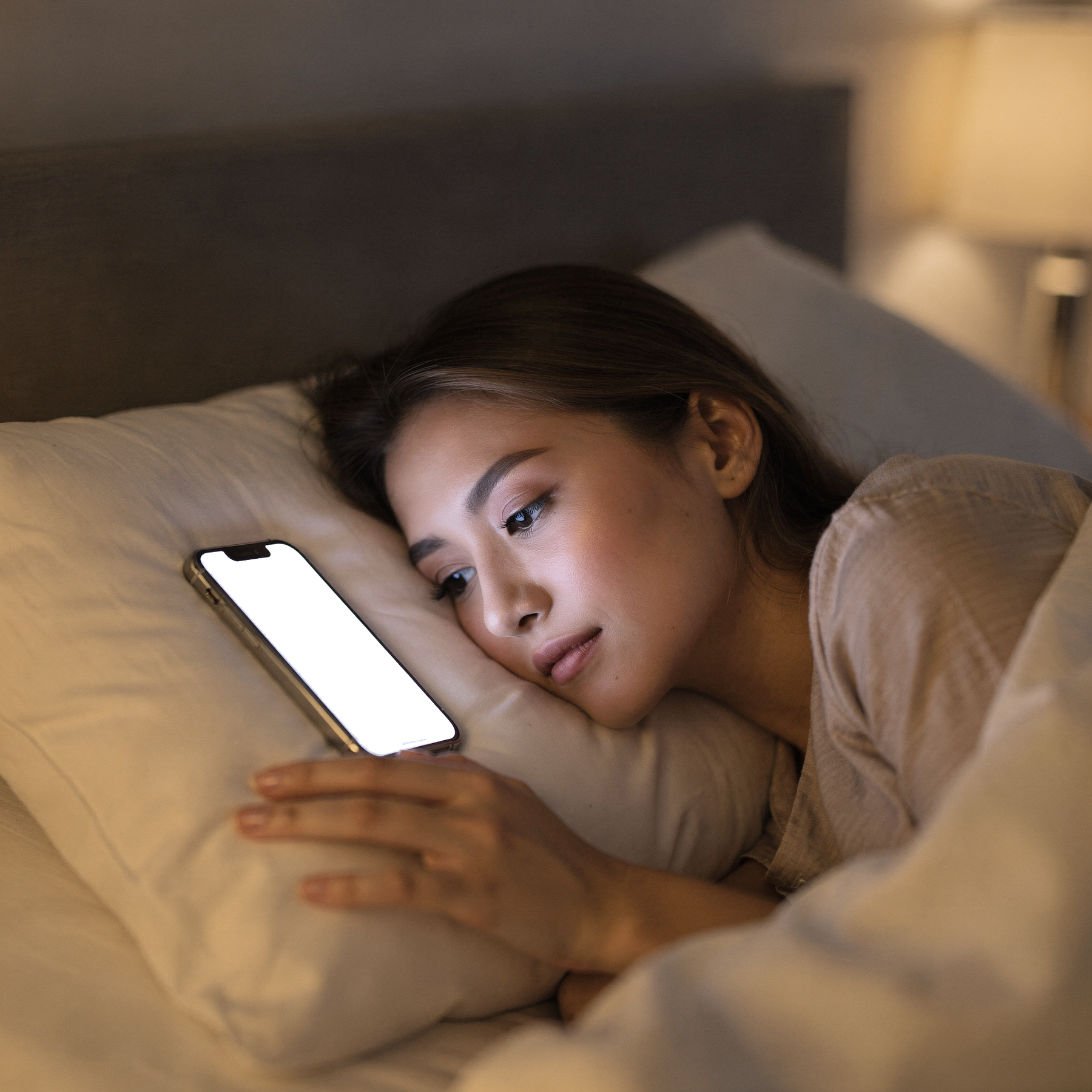 People Bed Woman Side iPhone Mockup | High-Resolution Transparent PNG | bulkmockup | Commercial Use | MockupBulk