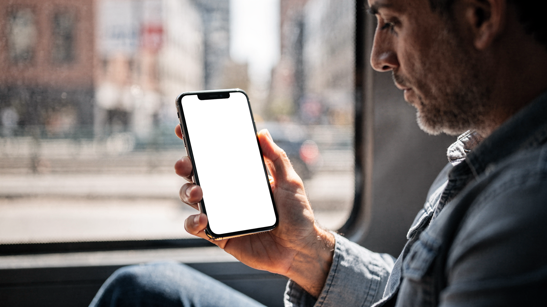 iPhone, People Bus Man Seat | High-Res PNG with Transparent Screen | Commercial Use | bulkmockup | MockupBulk