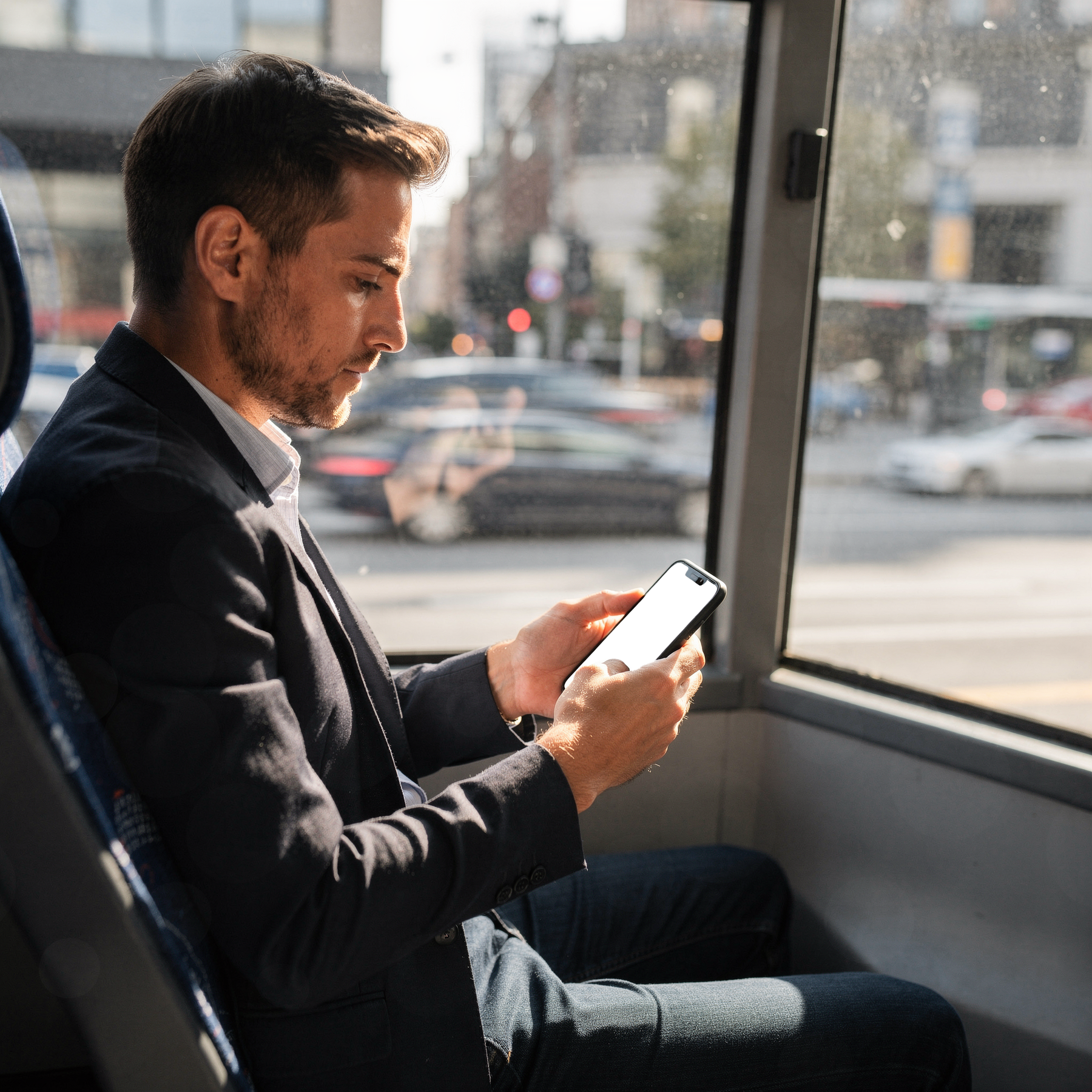 People Bus Man Seat iPhone Mockup | Device Screen PNG | bulkmockup Template | For Portfolio & Showcase | MockupBulk