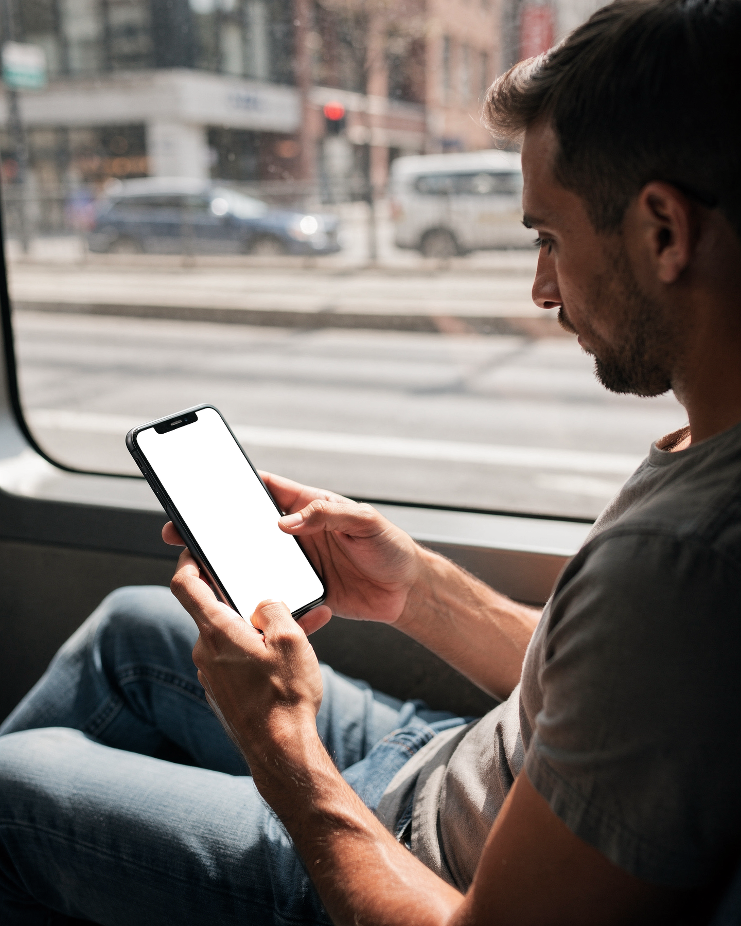 iPhone Mockup — People Bus Man Seat — Instant PNG Download | Transparent Screen | Commercial Use | MockupBulk
