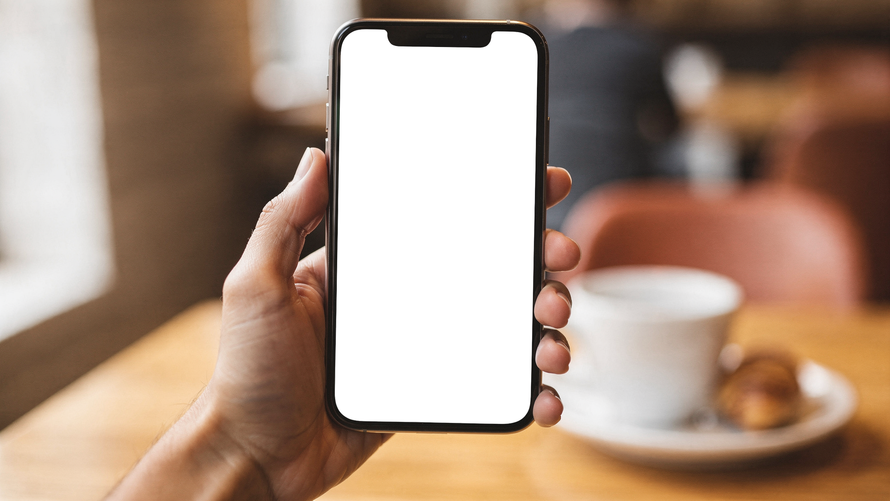 iPhone Mockup — People Cafe Closeup Hand — PNG Mockup Template | bulkmockup | For App & Web Designers | MockupBulk