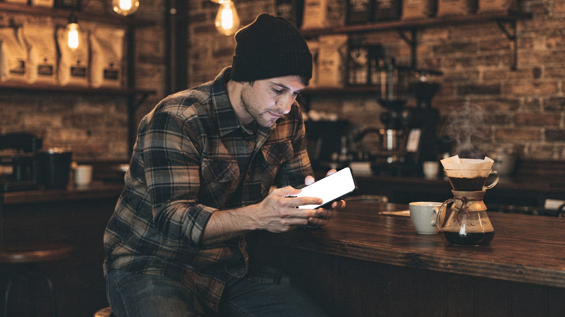 People Cafe Man Hipster iPhone Mockup | Device Screen PNG | bulkmockup Template | For Portfolio & Showcase | MockupBulk