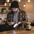 iPhone Mockup — People Cafe Man Hipster — Device Mockup PNG | bulkmockup | Commercial Licence Included | MockupBulk