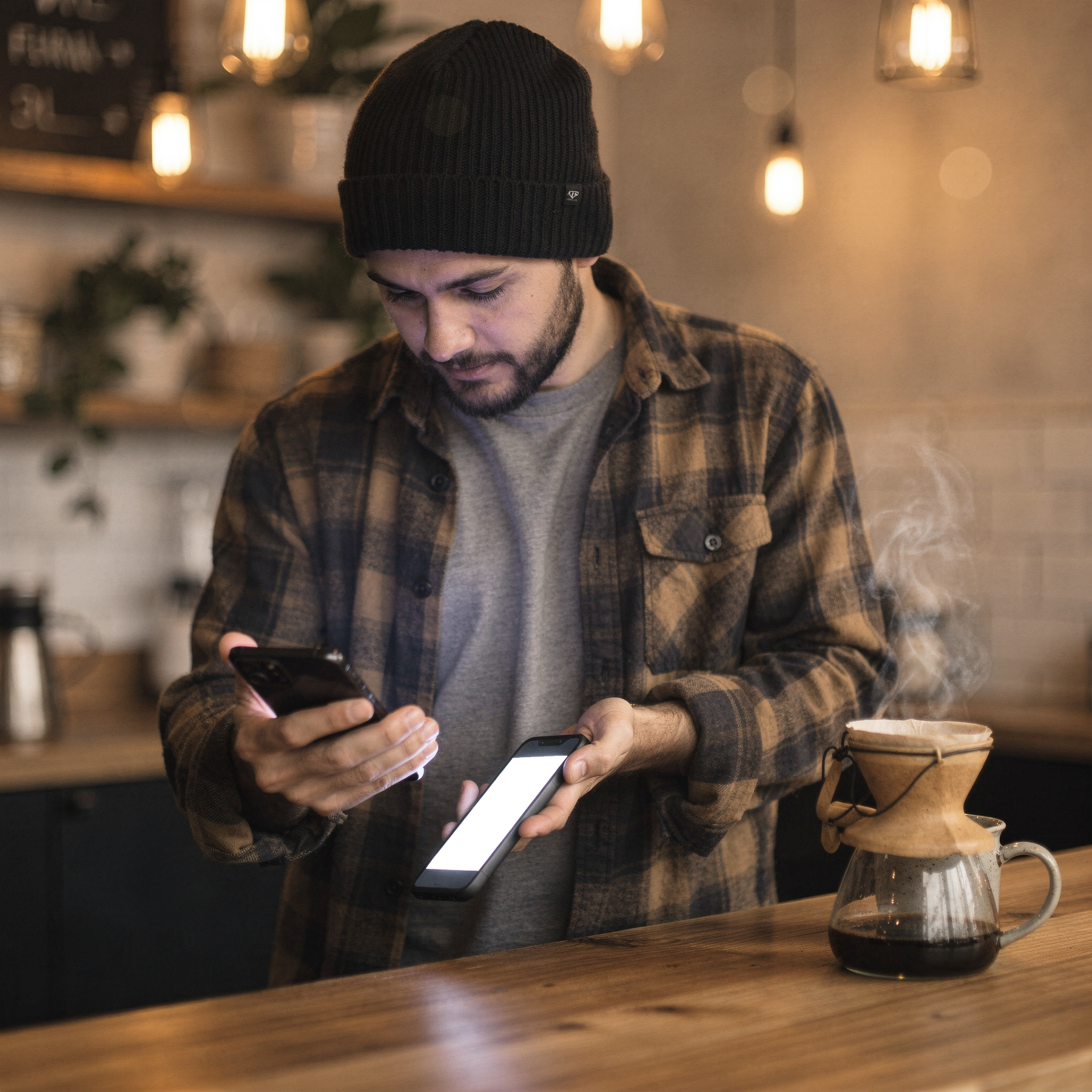 iPhone Mockup — People Cafe Man Hipster — Device Mockup PNG | bulkmockup | Commercial Licence Included | MockupBulk
