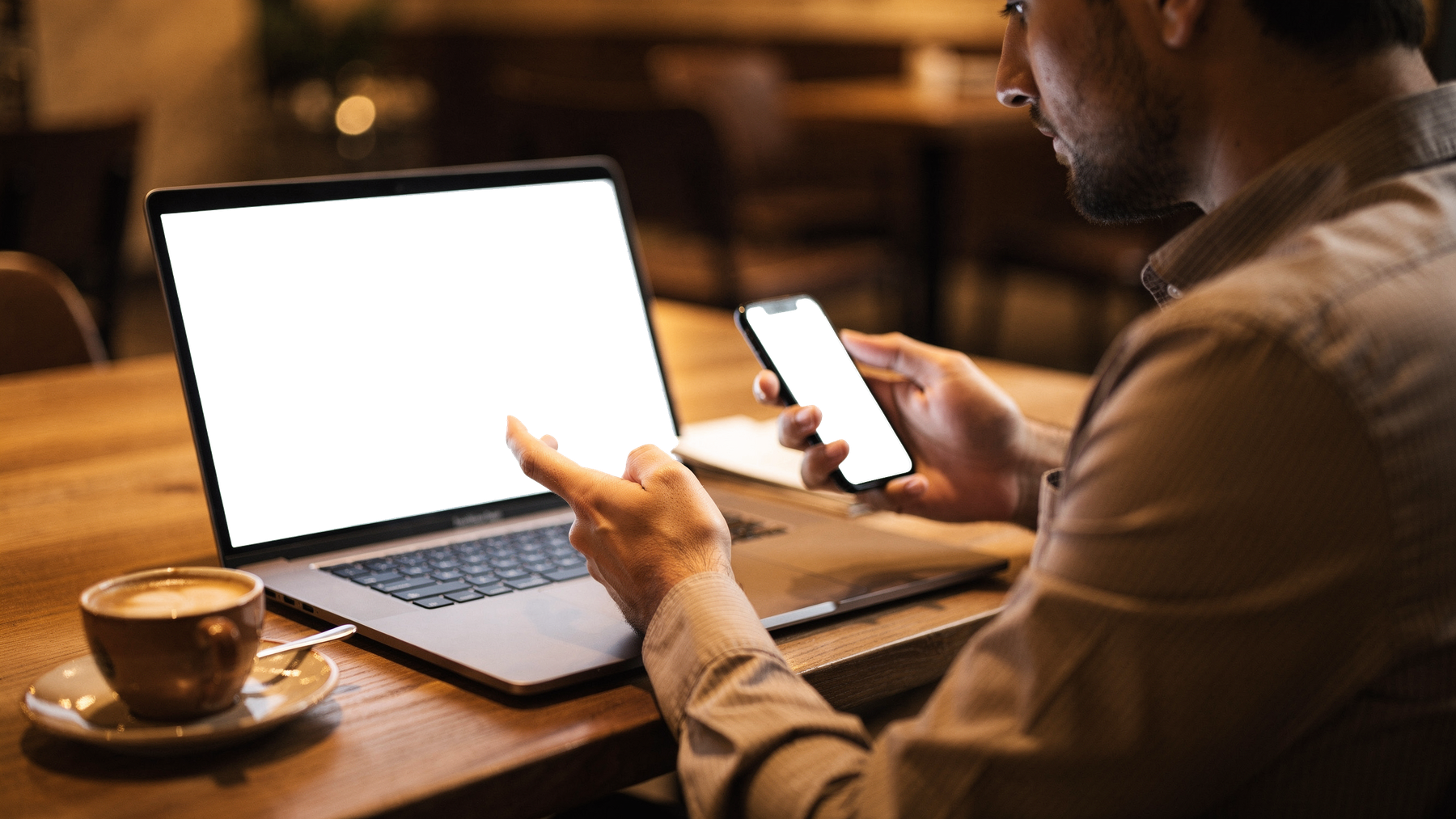 People Cafe Man Laptop iPhone Mockup | Transparent Screen PNG Download | Commercial Licence | bulkmockup