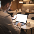 People Cafe Man Laptop iPhone Mockup | High-Res PNG with Transparent Screen | Commercial Use | bulkmockup | MockupBulk