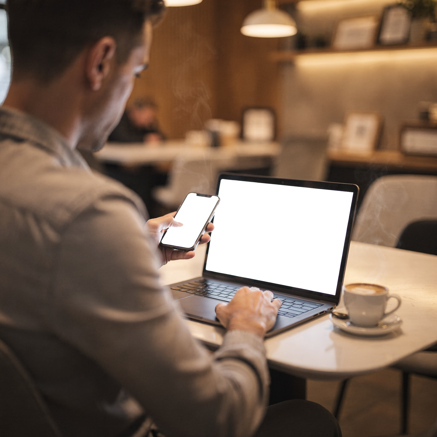 People Cafe Man Laptop iPhone Mockup | High-Res PNG with Transparent Screen | Commercial Use | bulkmockup | MockupBulk