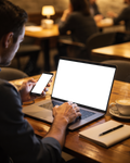 iPhone Mockup — People Cafe Man Laptop — bulkmockup Transparent Mockup | PNG Download | Commercial Use | MockupBulk