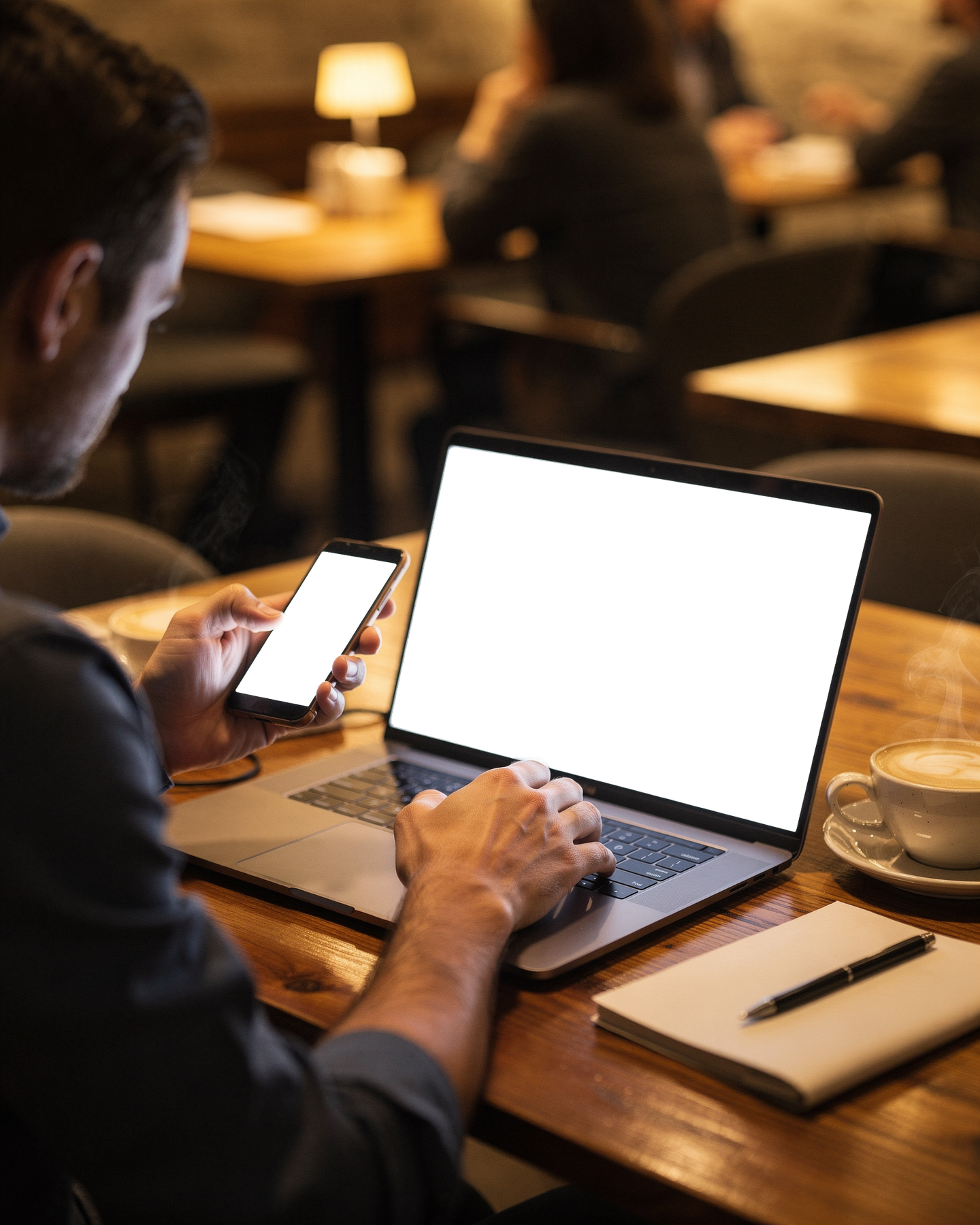 iPhone Mockup — People Cafe Man Laptop — bulkmockup Transparent Mockup | PNG Download | Commercial Use | MockupBulk