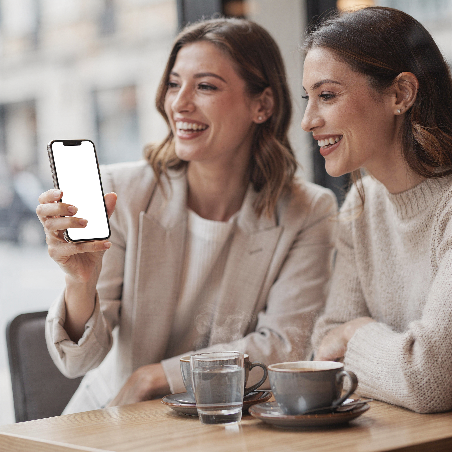 People Cafe Woman Friend iPhone Mockup | High-Res PNG with Transparent Screen | Commercial Use | bulkmockup | MockupBulk