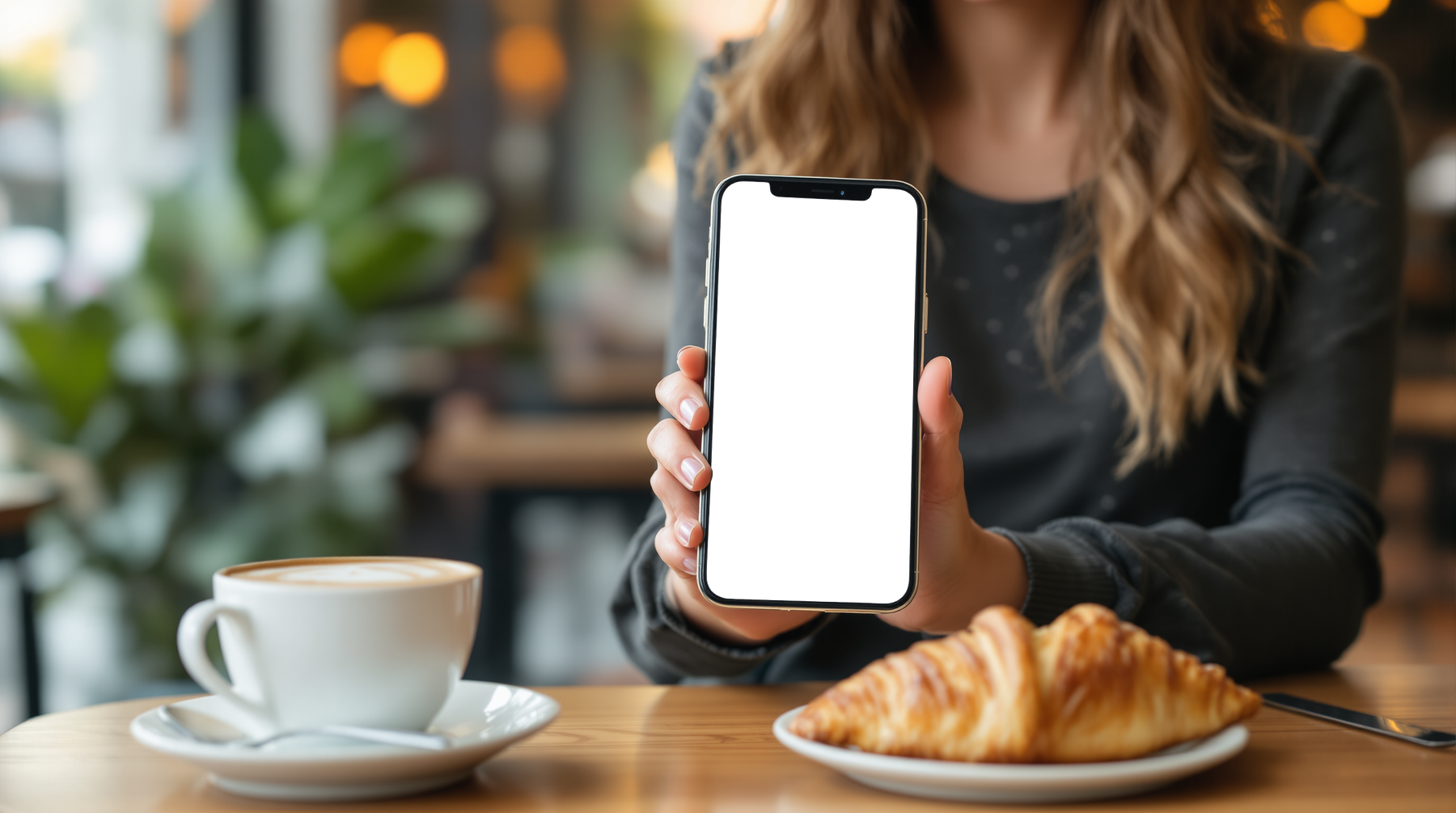 iPhone Mockup | People Cafe Woman Latte | High-Res PNG with Transparent Screen | Commercial Use | bulkmockup | MockupBulk