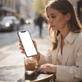 iPhone Mockup — People Cafe Woman Outdoor — Screen Mockup PNG | bulkmockup Download | For UI/UX Designers | MockupBulk